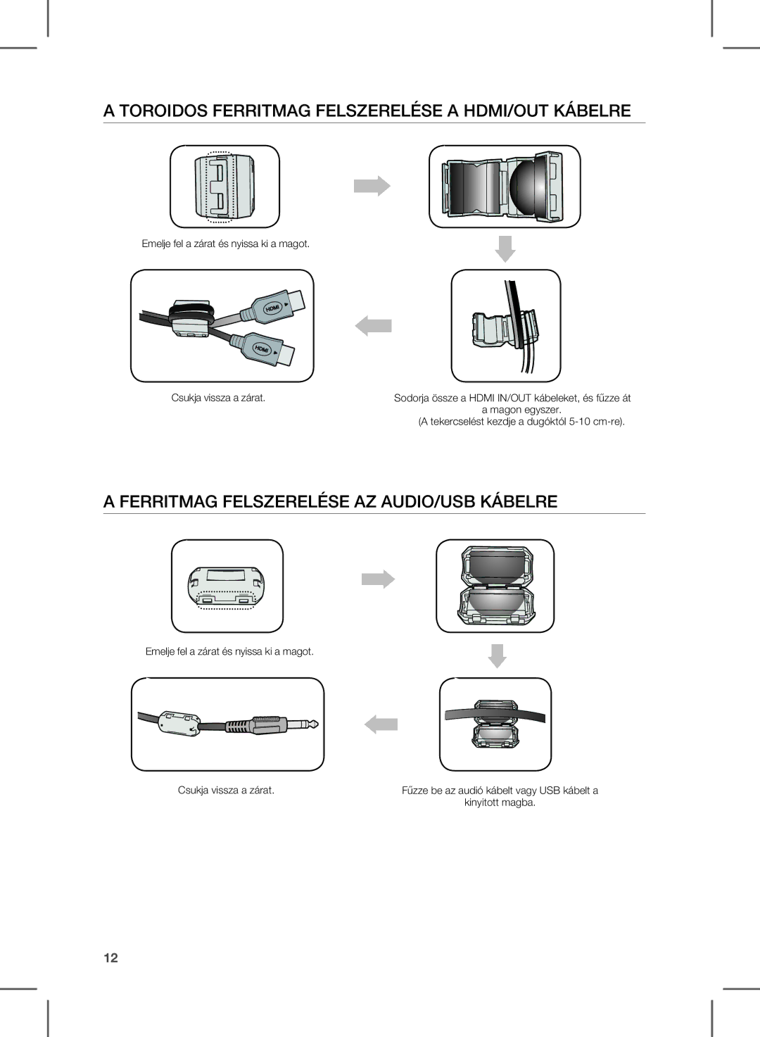 Samsung HW-E450/EN manual TOROIdOs FERRITmaG FElszERElÉsE a HdmI/OUT kÁbElRE, FERRITmaG FElszERElÉsE az aUdIO/Usb kÁbElRE 