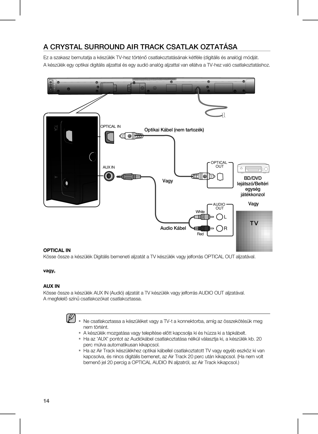 Samsung HW-E450/EN, HW-E450/XE manual Crystal Surround AIR Track Csatlak Oztatása, Optikai kábel nem tartozék 