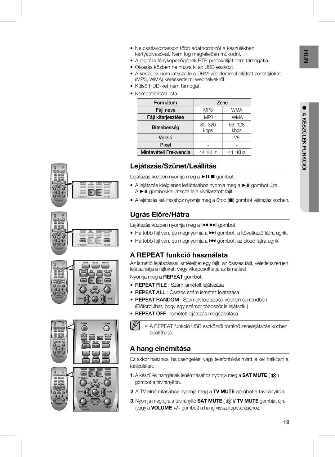 Samsung HW-E450/XE manual Lejátszás/Szünet/Leállítás, Ugrás előre/hátra, Repeat funkció használata, Hang elnémítása, Wma 