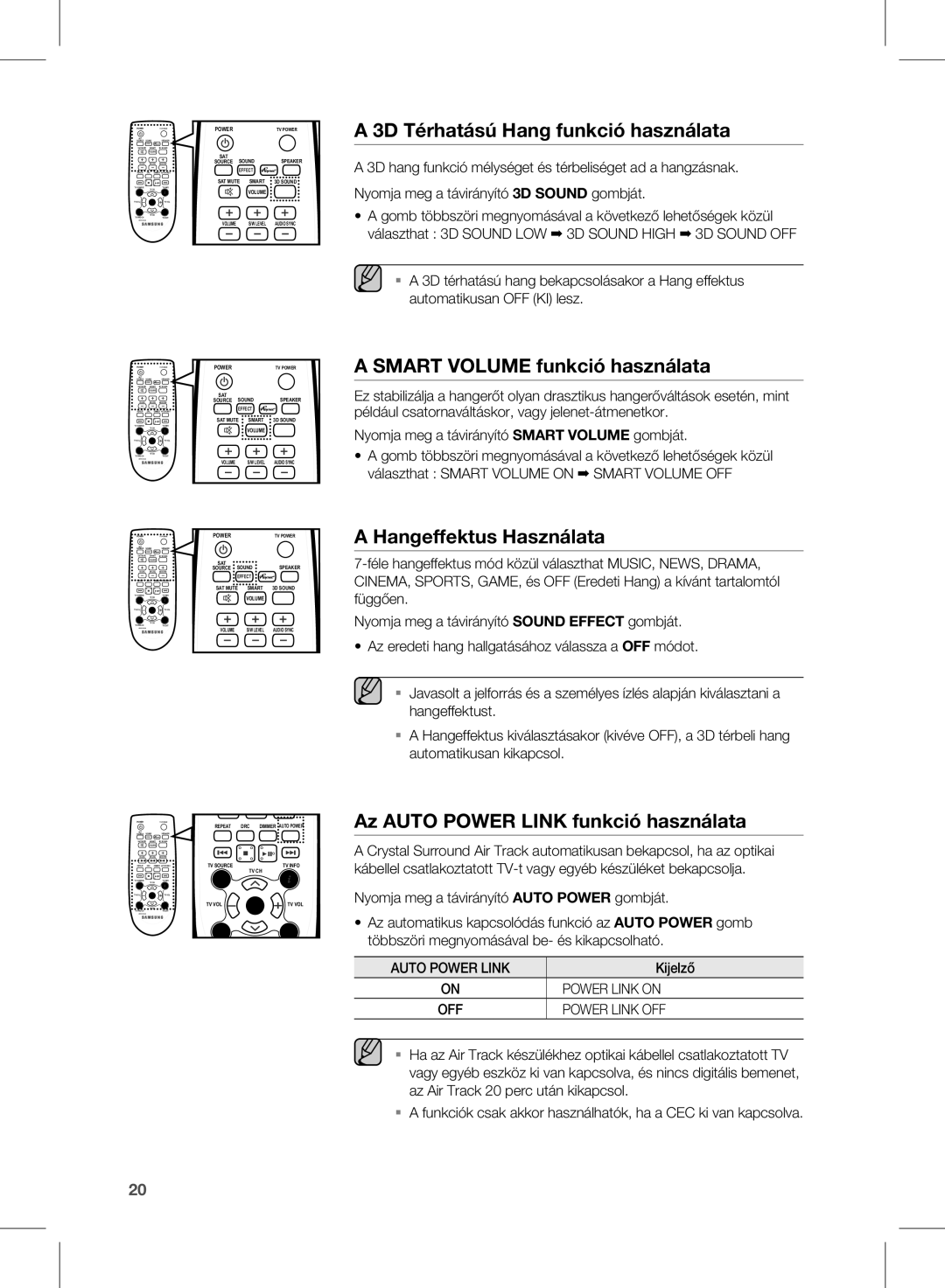 Samsung HW-E450/EN manual 3D térhatású hang funkció használata, Smart Volume funkció használata, Hangeffektus használata 