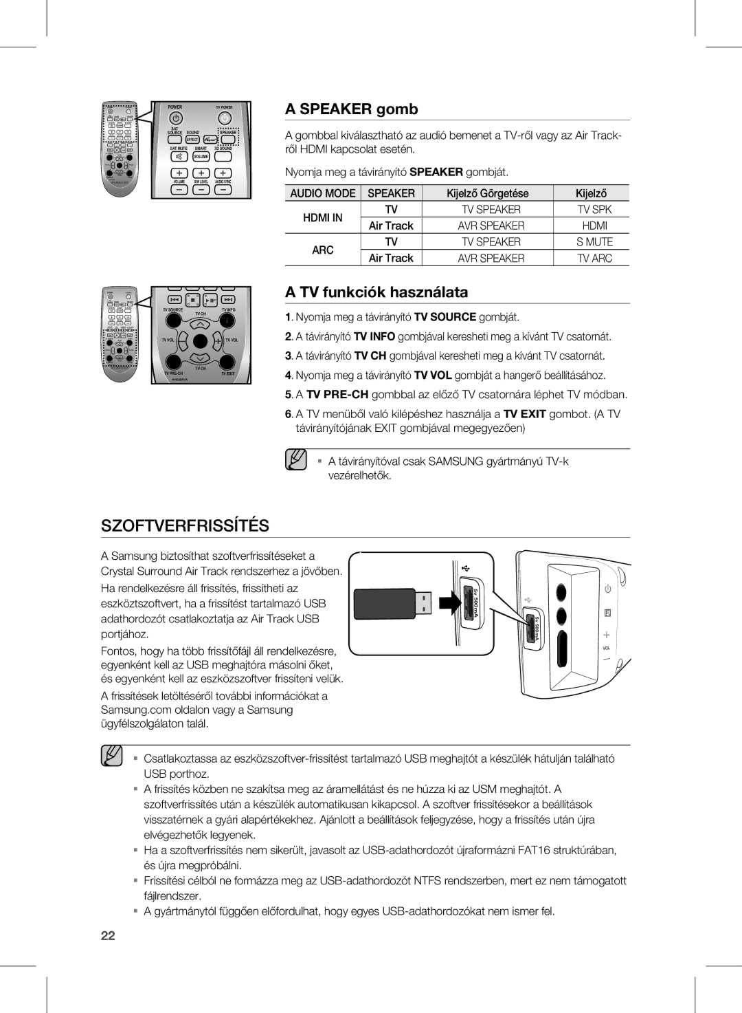 Samsung HW-E450/EN, HW-E450/XE manual Szoftverfrissítés, Speaker gomb, TV funkciók használata 