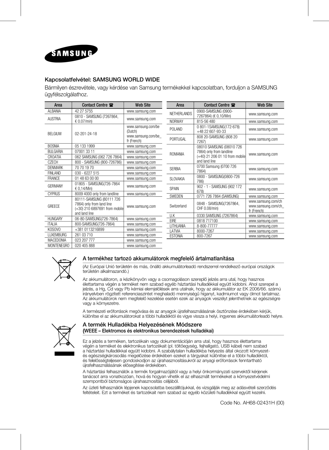 Samsung HW-E450/XE, HW-E450/EN manual Weee Elektromos és elektronikus berendezések hulladékai, Code No. AH68-02431H 