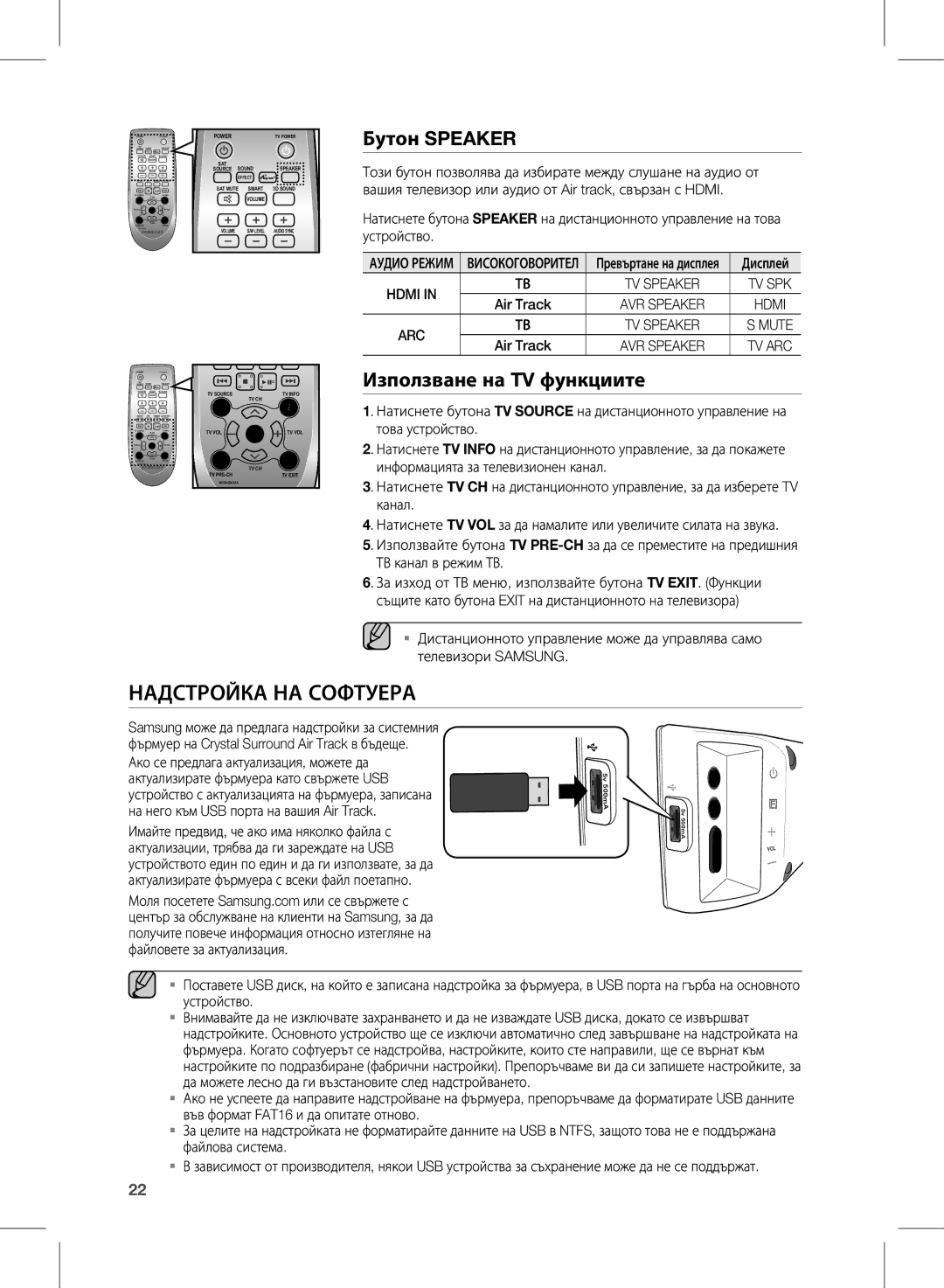 Samsung HW-E450/EN manual Надстройка НА Софтуера, Бутон Speaker, Използване на TV функциите 