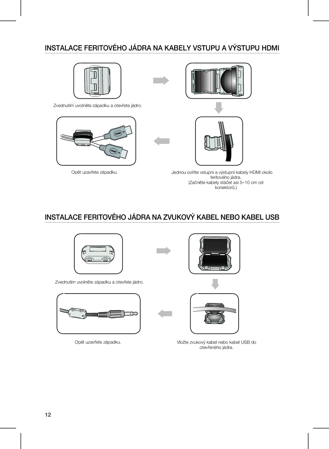 Samsung HW-E450/EN manual InSTAlAce FeRiTOVéHO Jádra nA KABelY Vstupu a Výstupu HDMi 