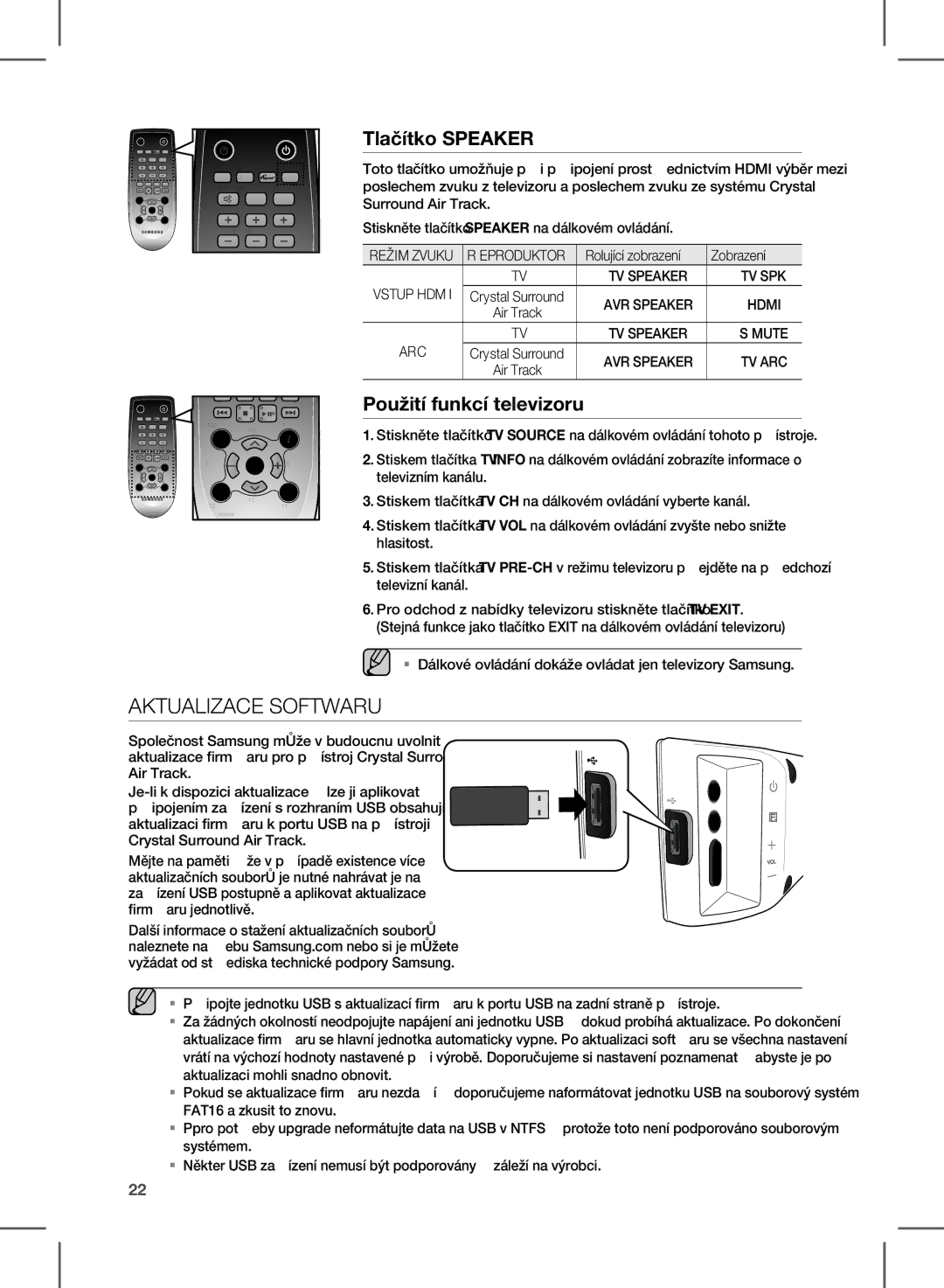 Samsung HW-E450/EN manual Aktualizace Softwaru, Tlačítko Speaker, Použití funkcí televizoru 