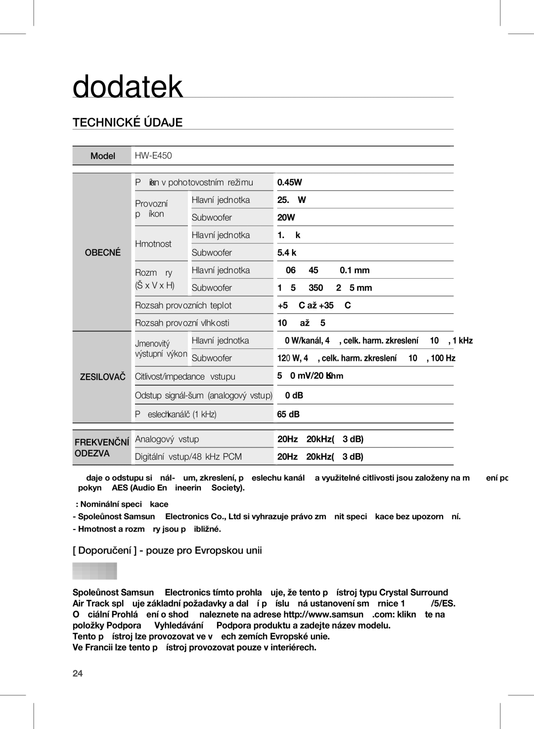 Samsung HW-E450/EN manual Dodatek, Technické Údaje 