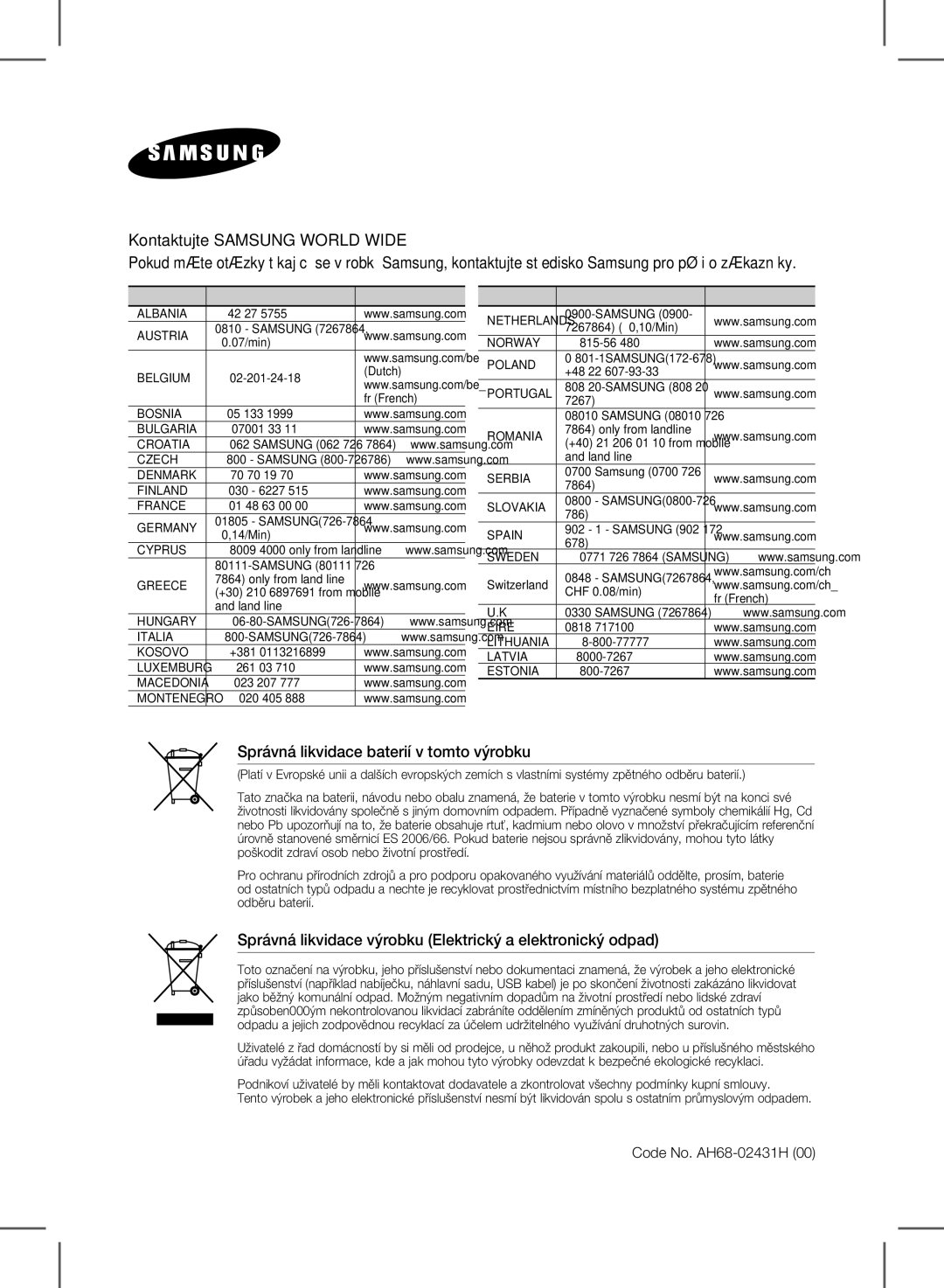 Samsung HW-E450/EN manual Správná likvidace baterií v tomto výrobku 