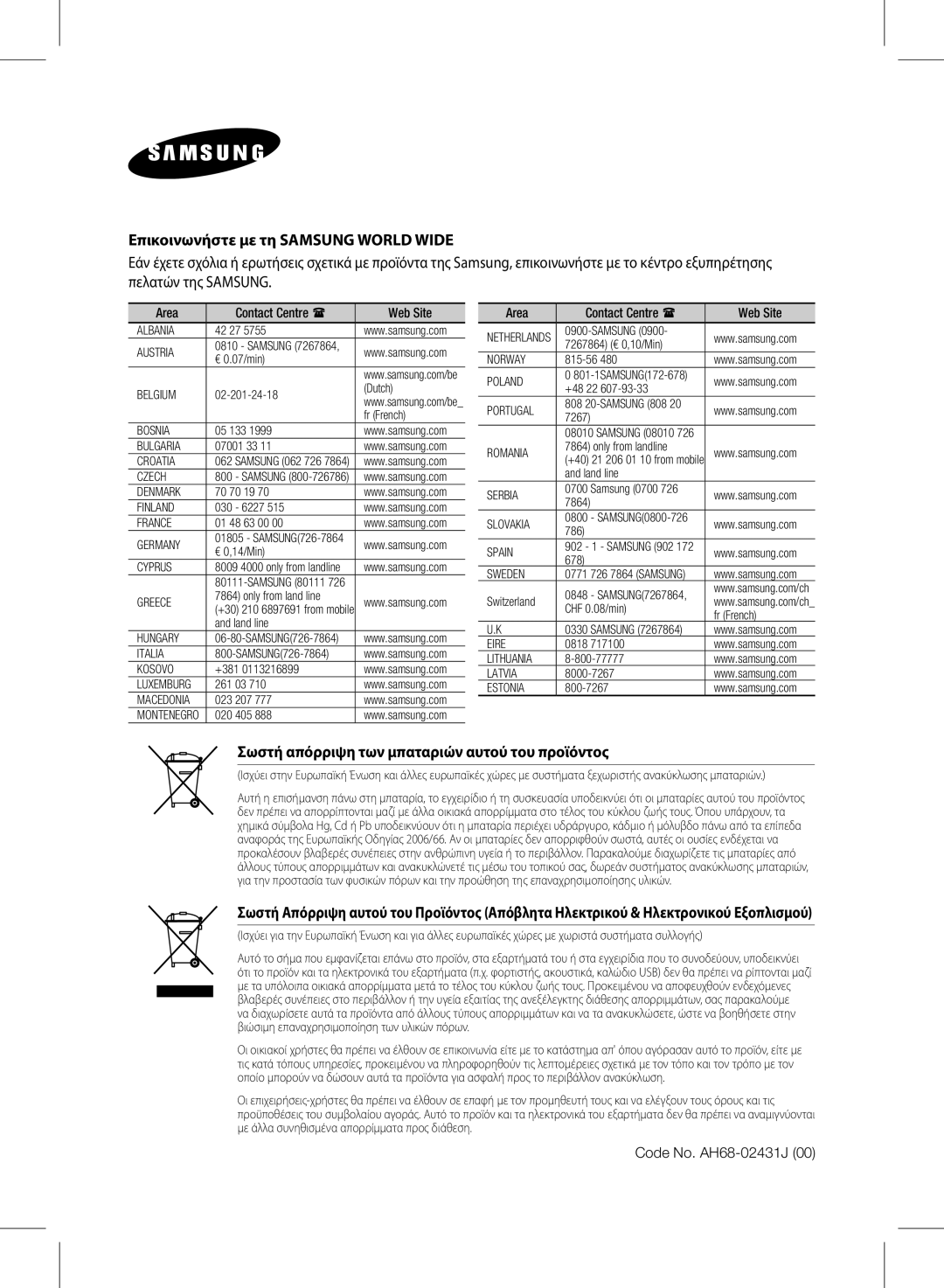 Samsung HW-E450/EN manual Επικοινωνήστε με τη Samsung World Wide 