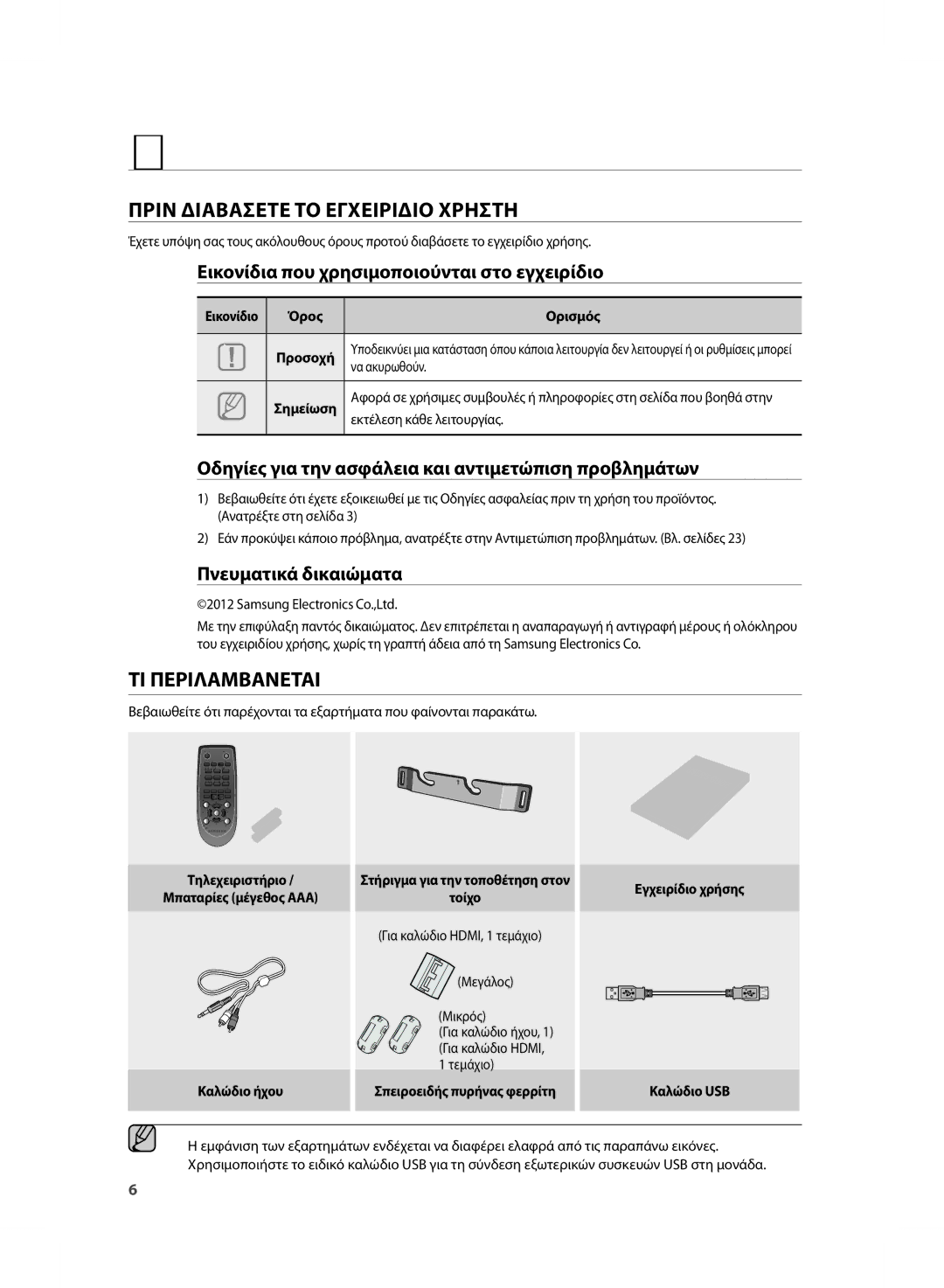 Samsung HW-E450/EN manual Πριν τη χρήση, Εικονίδια που χρησιμοποιούνται στο εγχειρίδιο, Πνευματικά δικαιώματα 