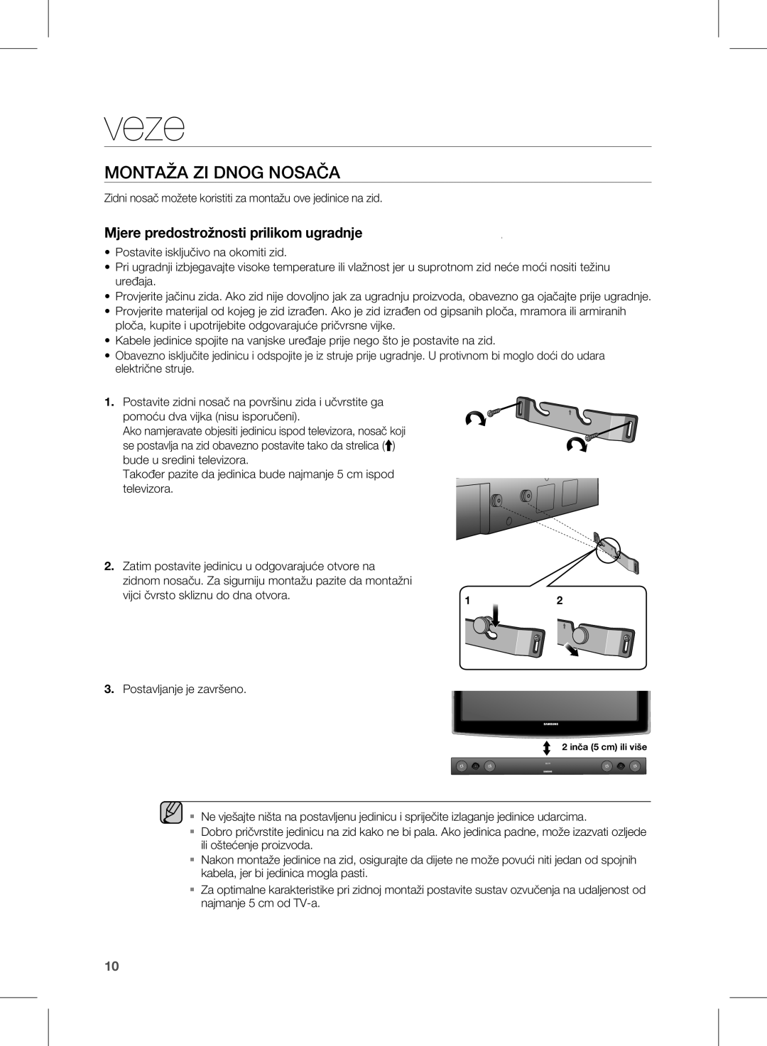 Samsung HW-E450/EN manual Veze, Montaža ZI Dnog Nosača, Zidni nosač možete koristiti za montažu ove jedinice na zid 