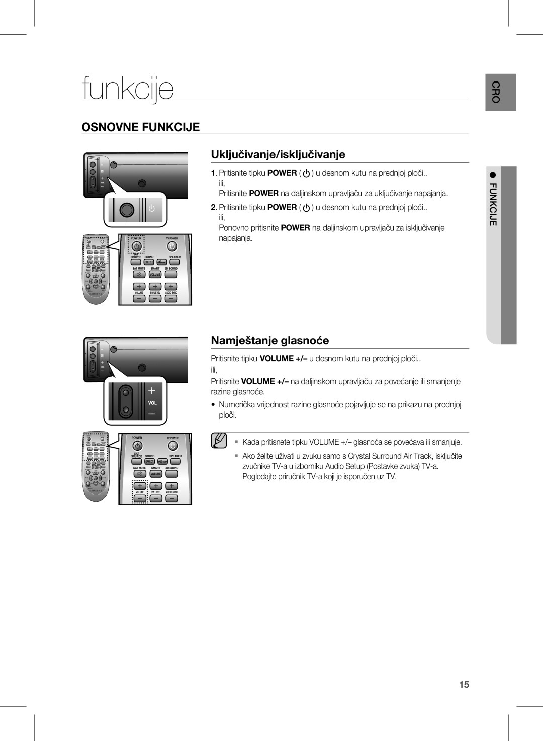 Samsung HW-E450/EN manual Funkcije, Uključivanje/isključivanje, Namještanje glasnoće 