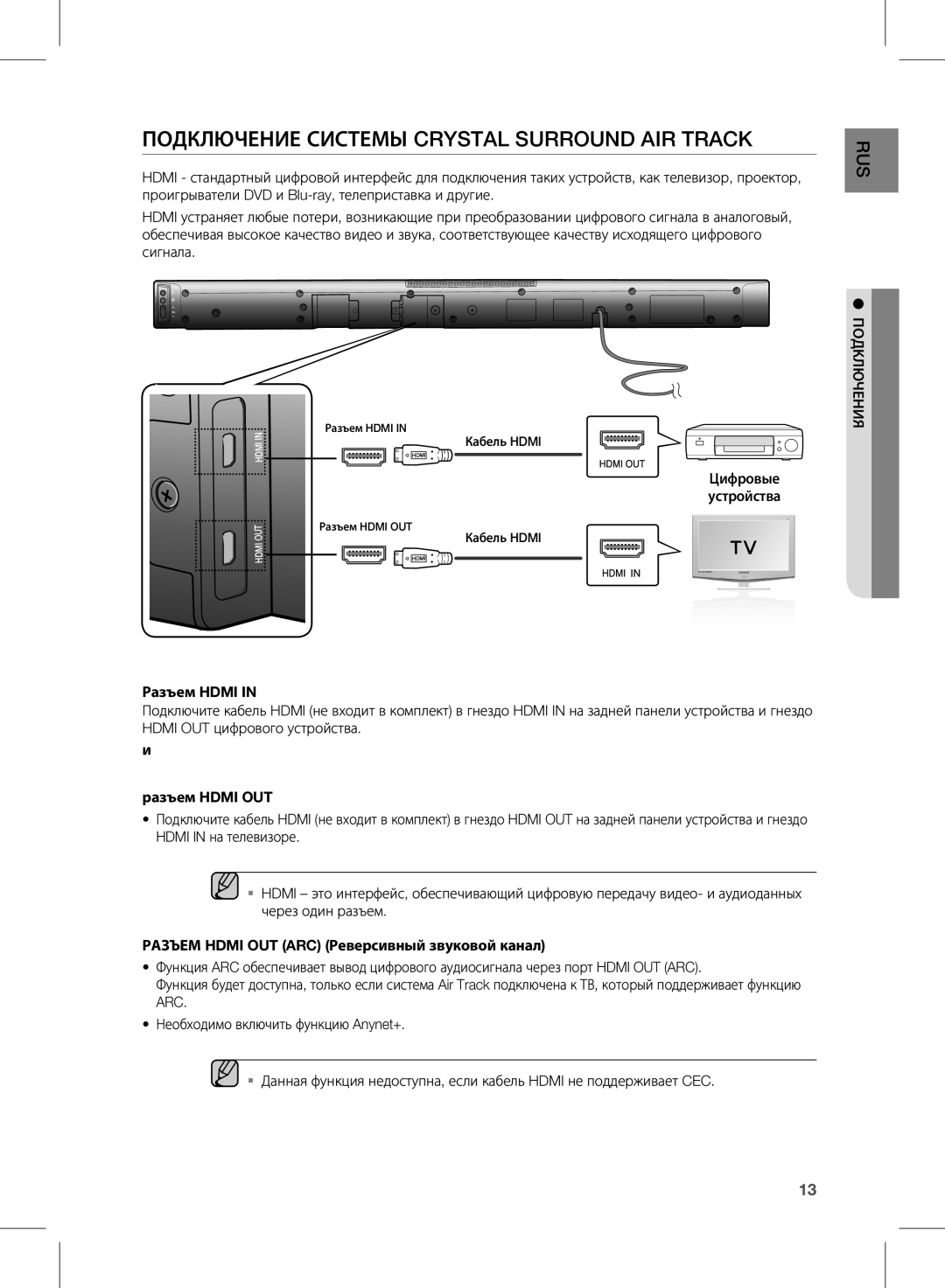 Samsung HW-E450/RU manual ПодКЛюЧение сисТеМЫ Crystal Surround AIR Track, Разъем Hdmi OUT, Arc 