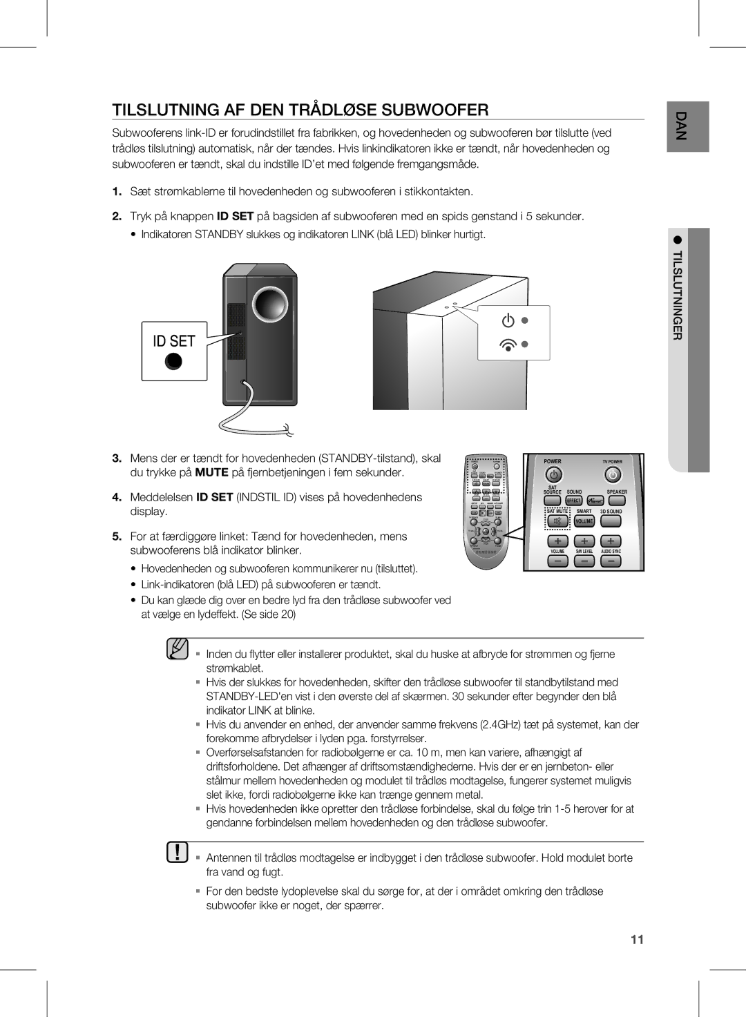 Samsung HW-E450/XE manual TilSlUTninG aF Den TrÅDlØSe SUBWOOFer, Volume 