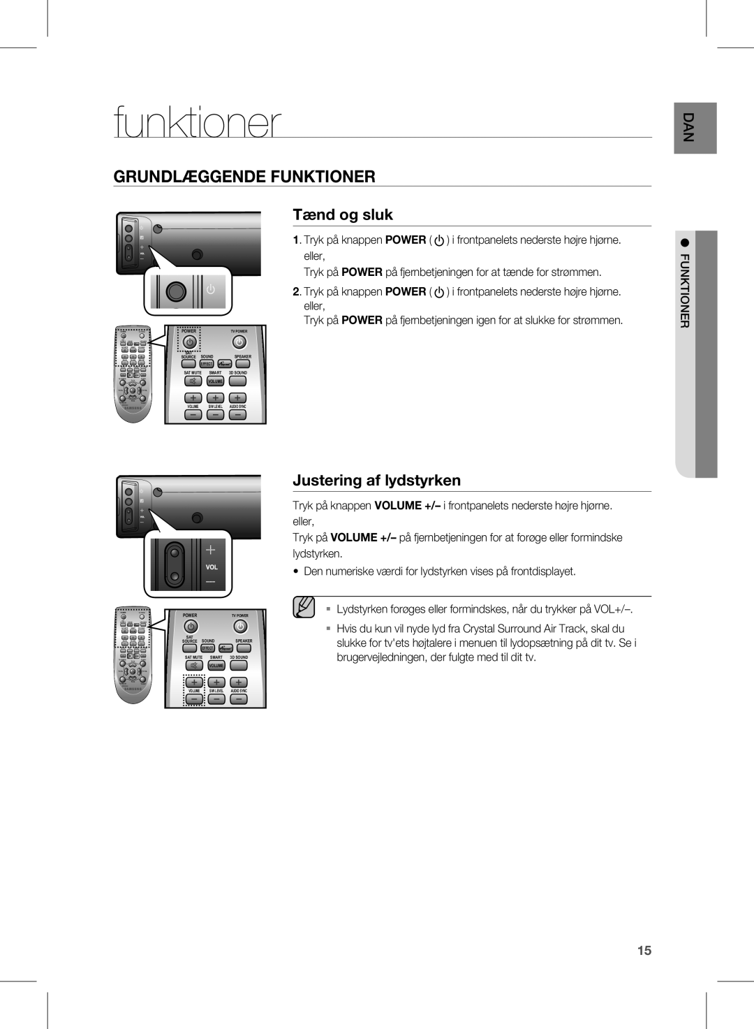 Samsung HW-E450/XE manual Funktioner, Tænd og sluk, Justering af lydstyrken 