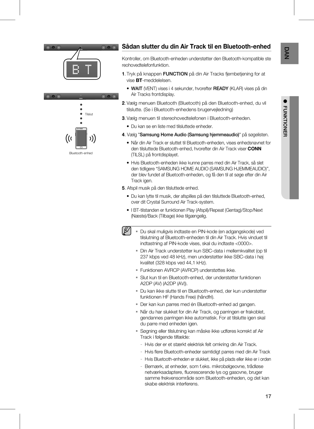 Samsung HW-E450/XE manual Sådan slutter du din Air Track til en Bluetooth-enhed 