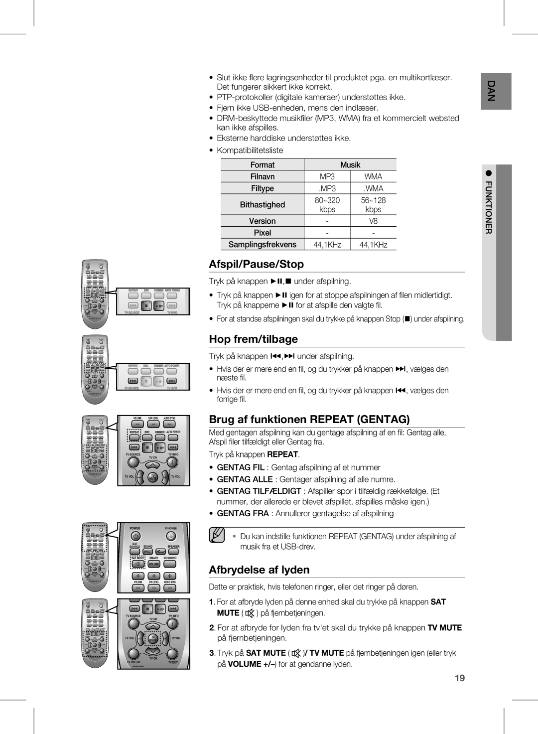 Samsung HW-E450/XE manual Afspil/Pause/Stop, Hop frem/tilbage, Brug af funktionen Repeat Gentag, Afbrydelse af lyden 