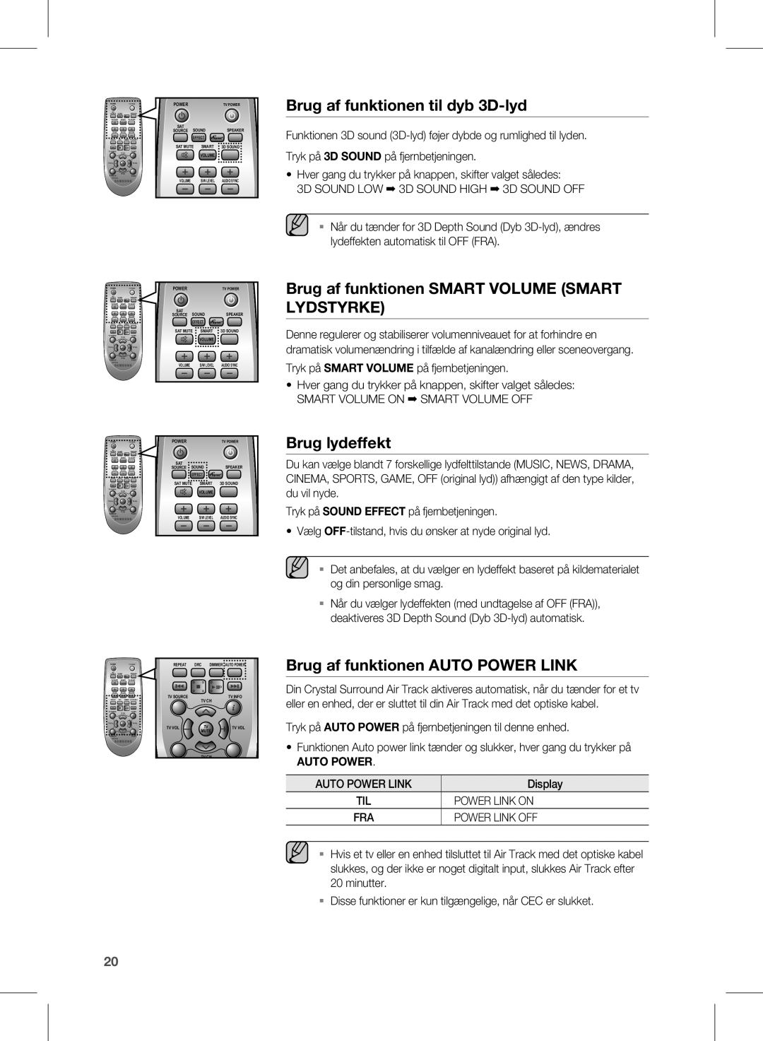 Samsung HW-E450/XE Brug af funktionen til dyb 3D-lyd, Brug af funktionen Smart Volume Smart Lydstyrke, Brug lydeffekt 