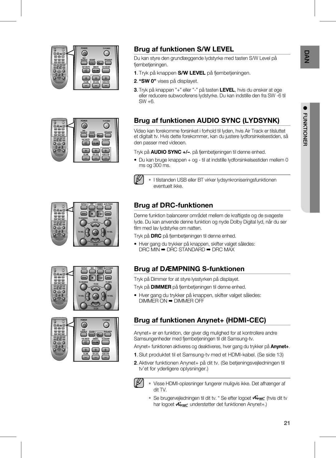 Samsung HW-E450/XE manual Brug af funktionen S/W Level, Brug af funktionen Audio Sync Lydsynk, Brug af DRC-funktionen 