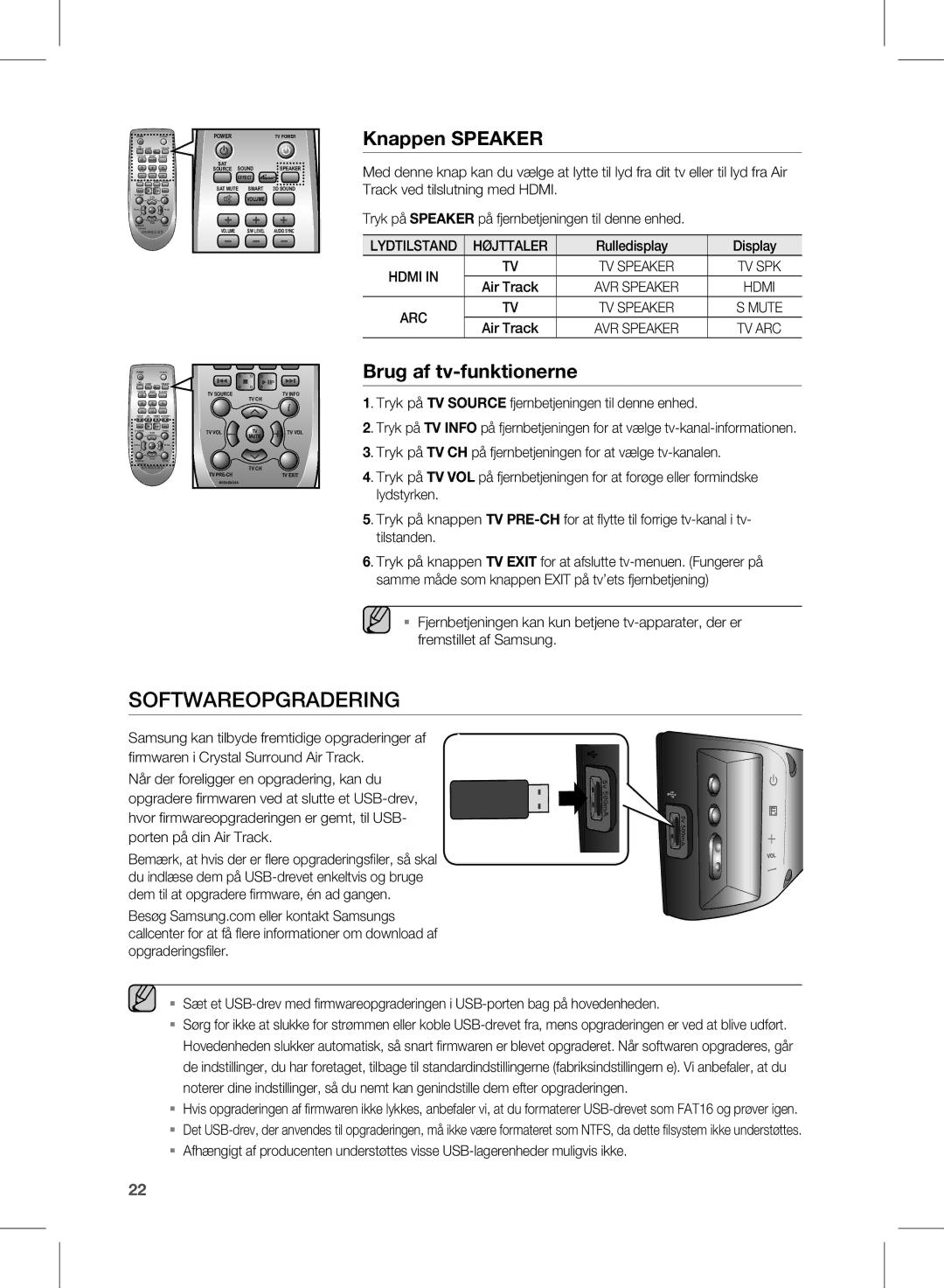 Samsung HW-E450/XE manual Softwareopgradering, Knappen Speaker, Brug af tv-funktionerne 