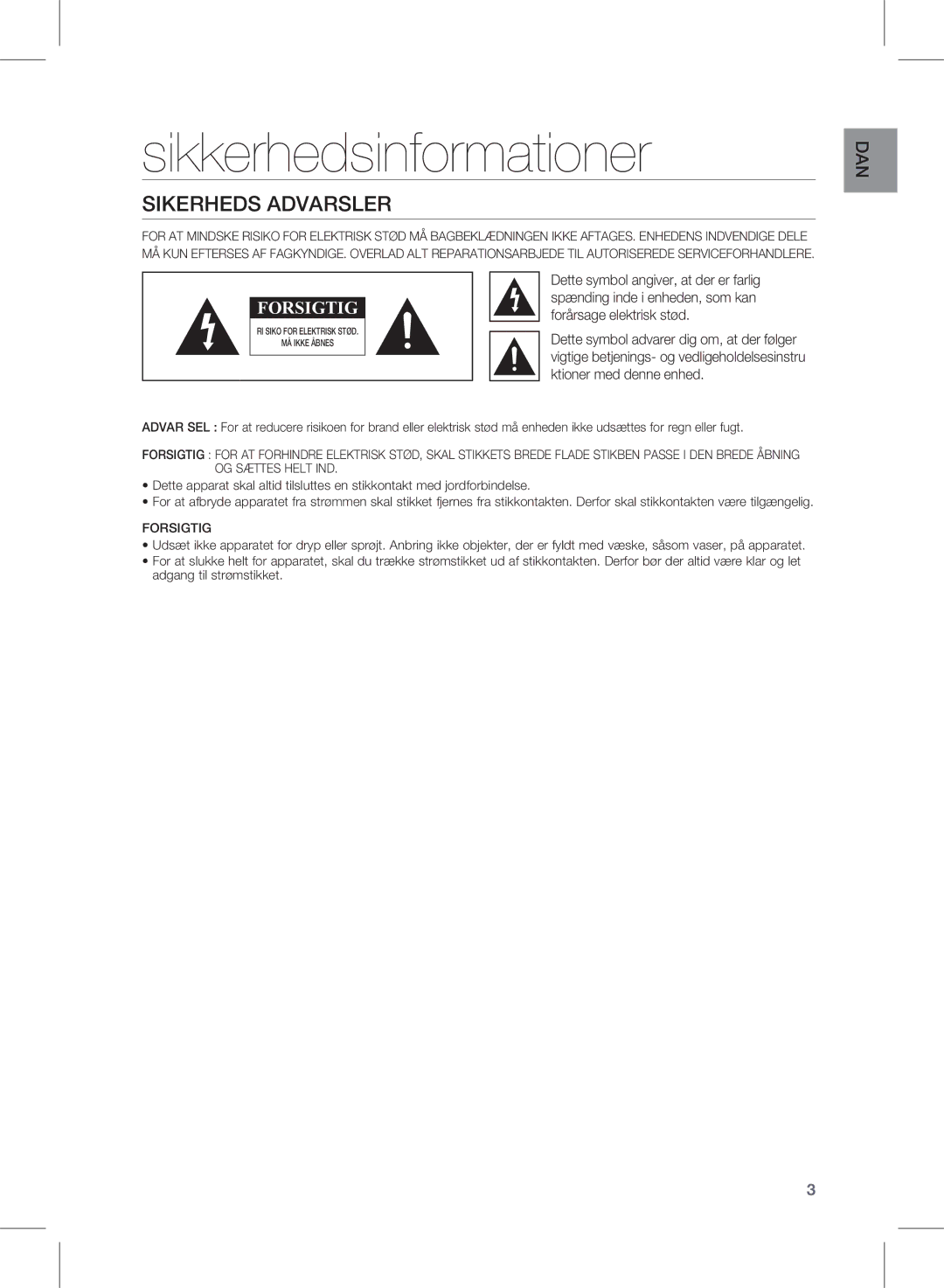 Samsung HW-E450/XE manual Sikkerhedsinformationer, Sikerheds advarsler 