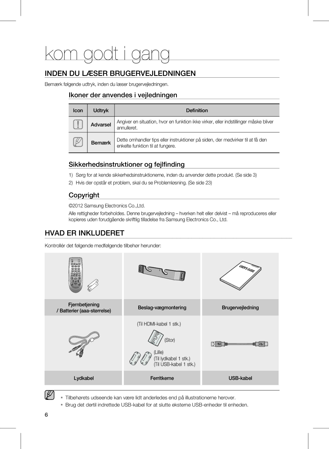 Samsung HW-E450/XE manual Kom godt i gang, Inden dU lÆser BrUGervejledninGen, Hvad er inklUdereT 