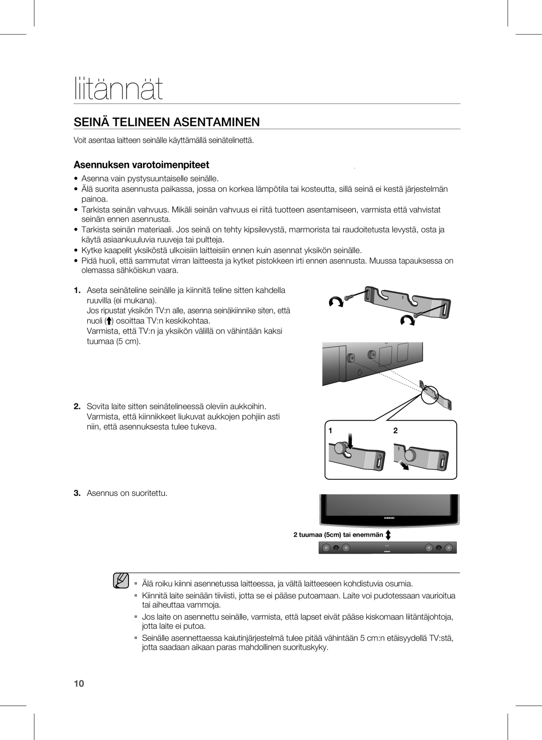 Samsung HW-E450/XE manual Liitännät, Seinä Telineen Asentaminen, Voit asentaa laitteen seinälle käyttämällä seinätelinettä 