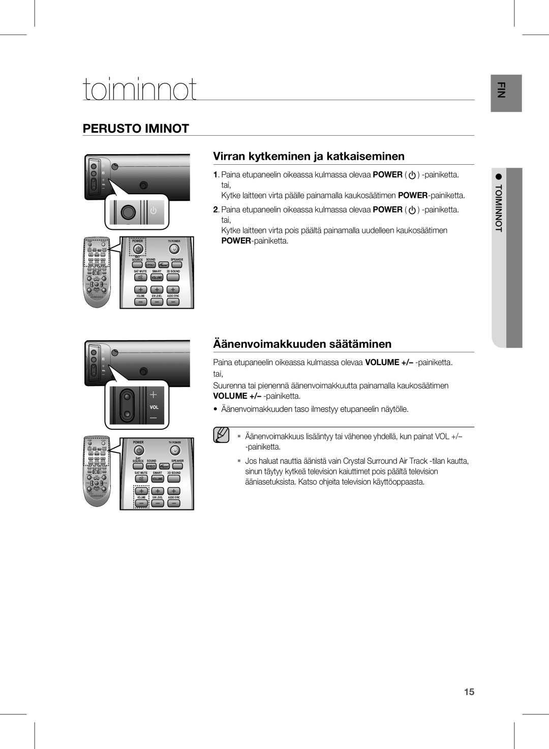 Samsung HW-E450/XE manual Toiminnot, Virran kytkeminen ja katkaiseminen, Äänenvoimakkuuden säätäminen 