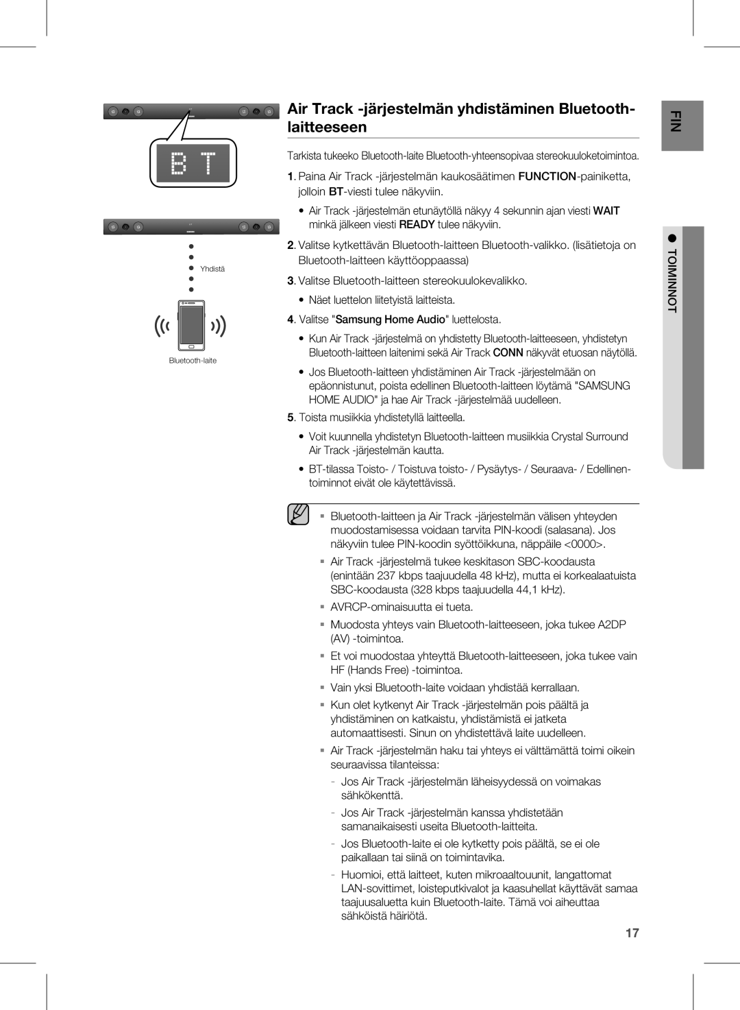 Samsung HW-E450/XE manual Air Track -järjestelmän yhdistäminen Bluetooth- laitteeseen 