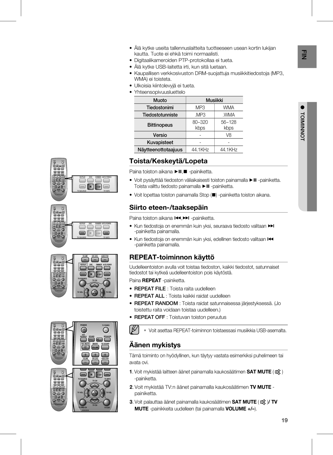 Samsung HW-E450/XE manual Toista/Keskeytä/Lopeta, Siirto eteen-/taaksepäin, REPEAT-toiminnon käyttö, Äänen mykistys, Kbps 