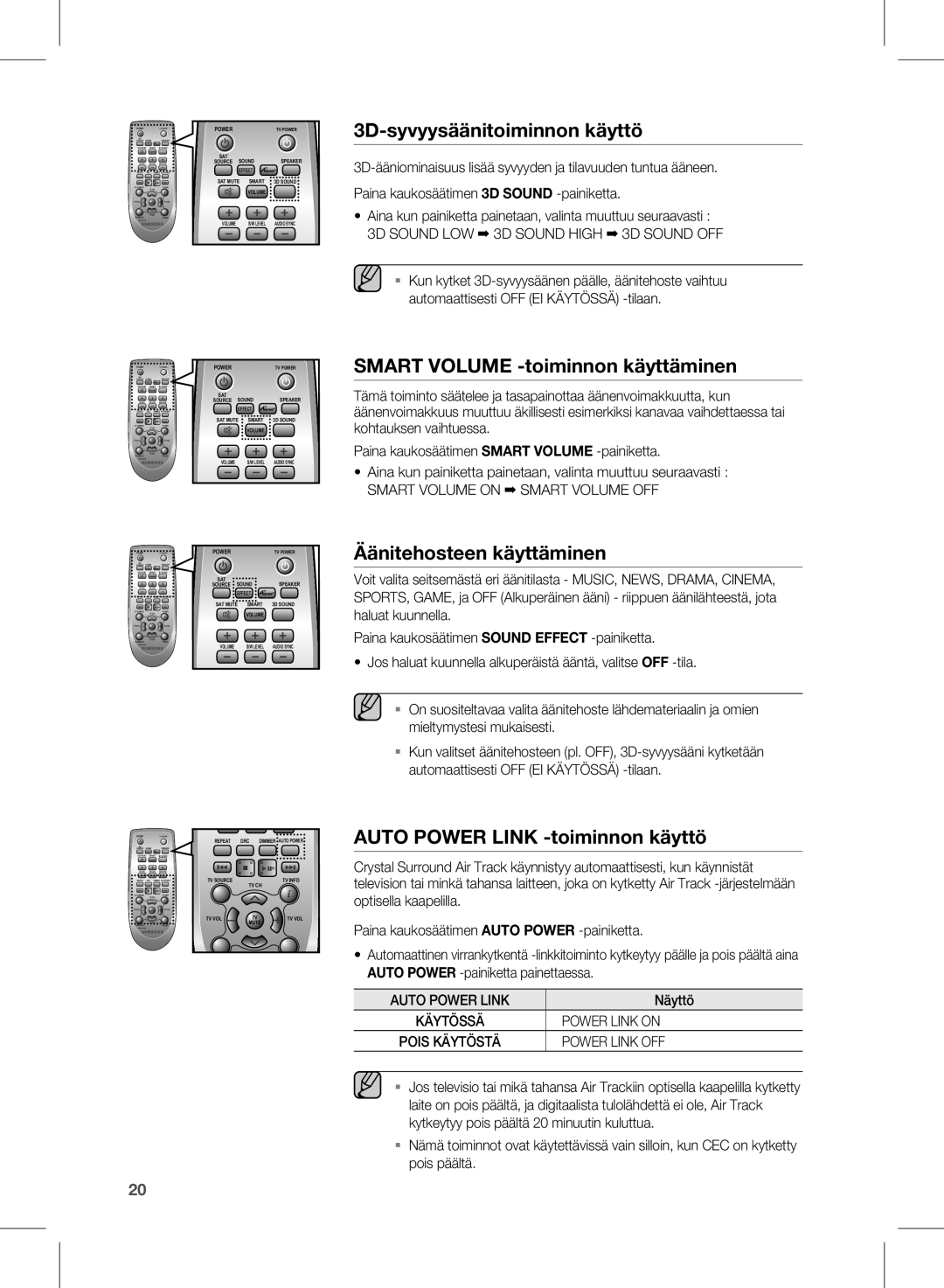 Samsung HW-E450/XE manual 3D-syvyysäänitoiminnon käyttö, Smart Volume -toiminnon käyttäminen, Äänitehosteen käyttäminen 