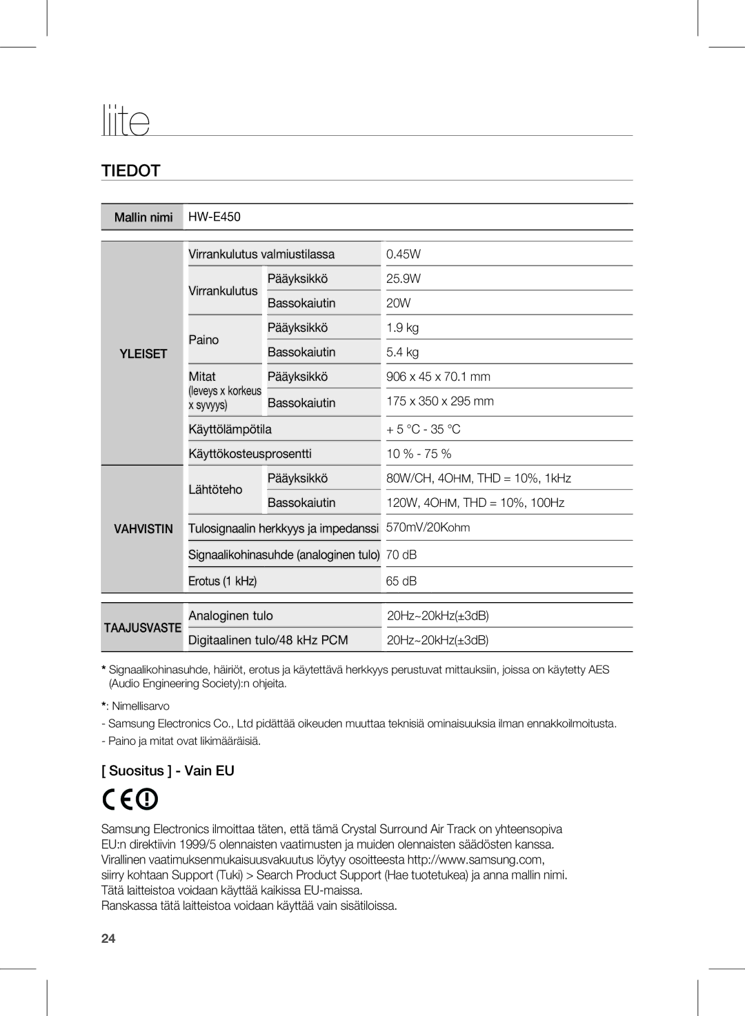 Samsung HW-E450/XE manual Liite, Tiedot, + 5 C 35 C, 80W/CH, 4OHM, THD = 10%, 1kHz, 120W, 4OHM, THD = 10%, 100Hz 