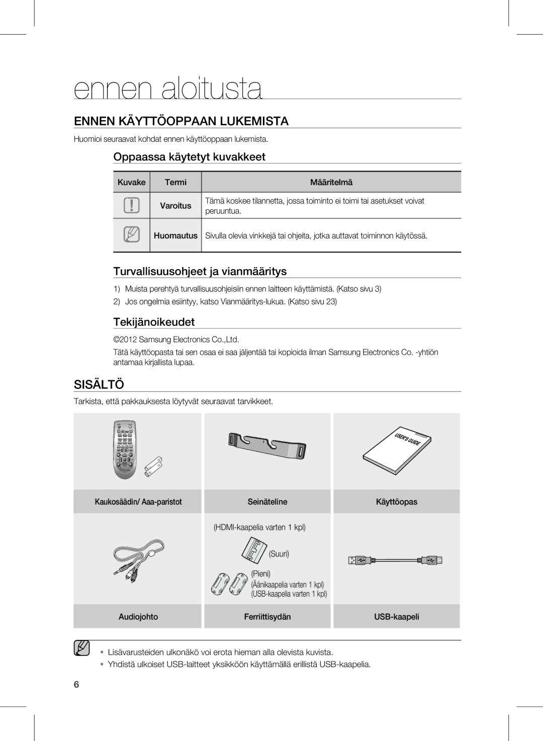 Samsung HW-E450/XE manual Ennen aloitusta, Ennen KäYTTÖoppaan luKeMisTa, SisälTÖ 