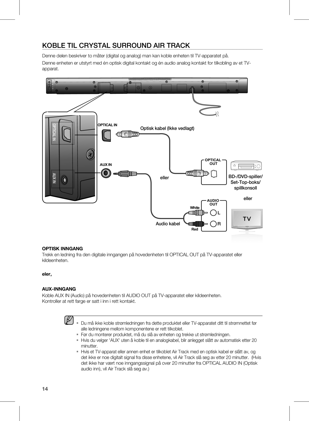 Samsung HW-E450/XE manual Koble TIL Crystal Surround AIR Track, Optisk kabel Ikke vedlagt, Eller 