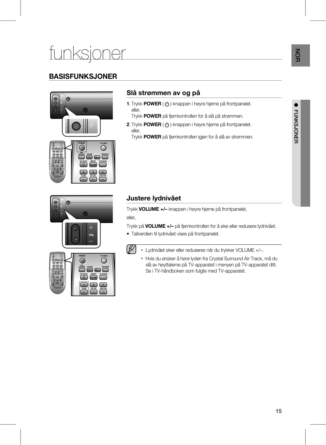 Samsung HW-E450/XE manual Funksjoner, Slå strømmen av og på, Justere lydnivået, Jonerufnks 