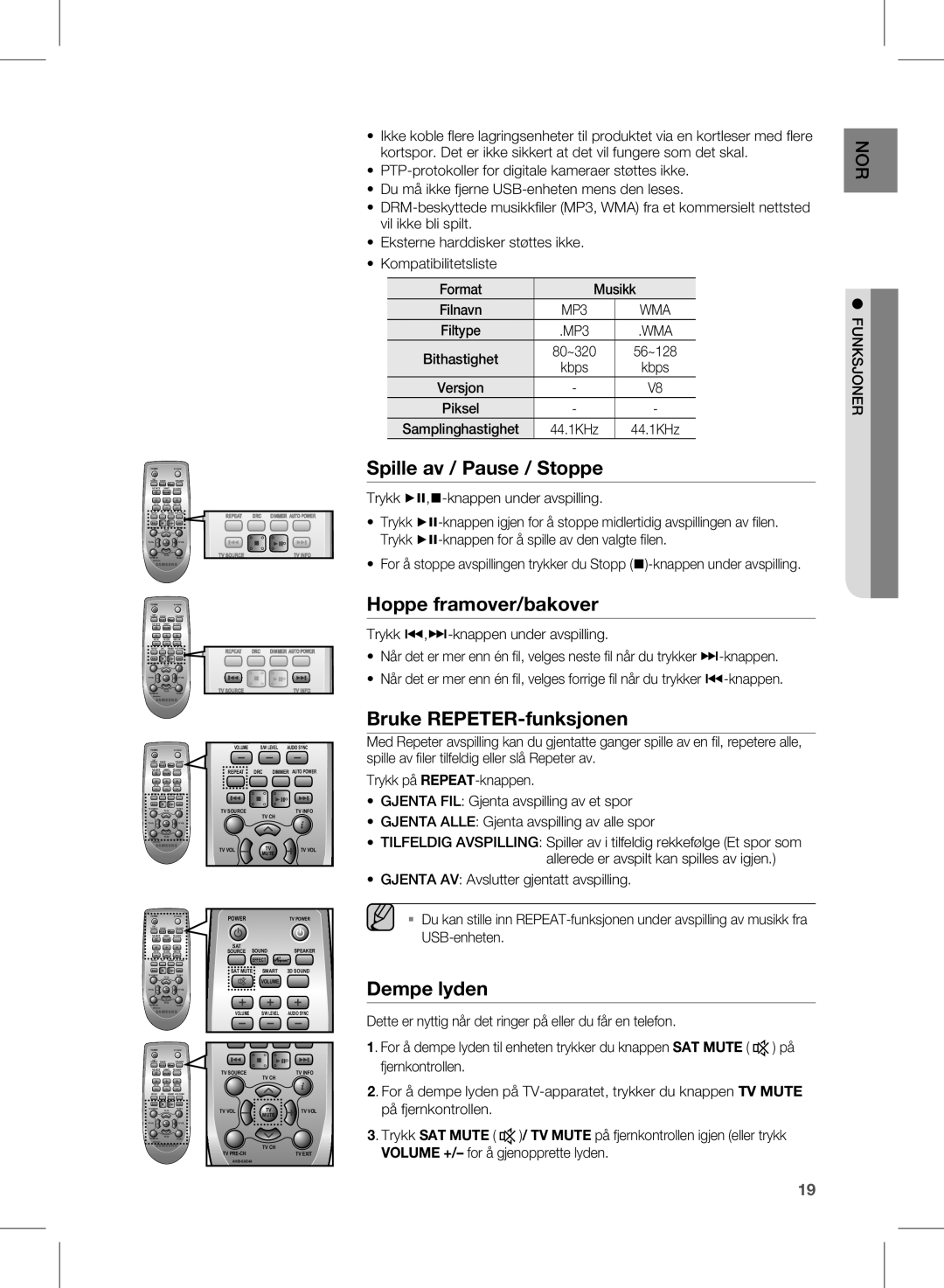 Samsung HW-E450/XE manual Spille av / Pause / Stoppe, Hoppe framover/bakover, Bruke REPETER-funksjonen, Dempe lyden, Kbps 