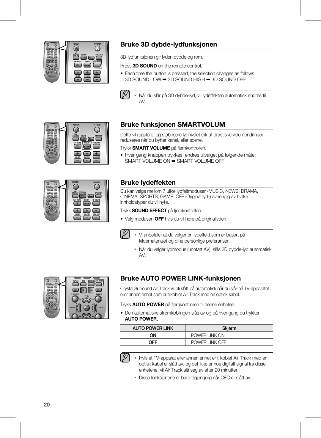 Samsung HW-E450/XE manual Bruke 3D dybde-lydfunksjonen, Bruke funksjonen Smartvolum, Bruke lydeffekten 