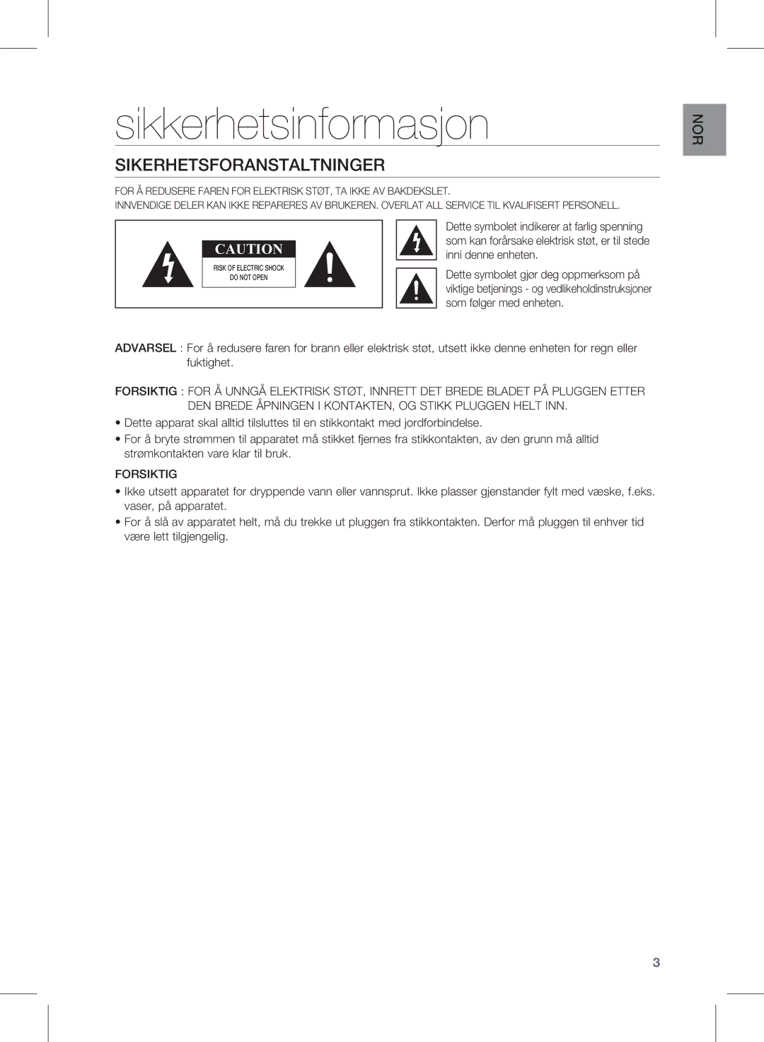 Samsung HW-E450/XE manual Sikkerhetsinformasjon, Sikerhetsforanstaltninger 