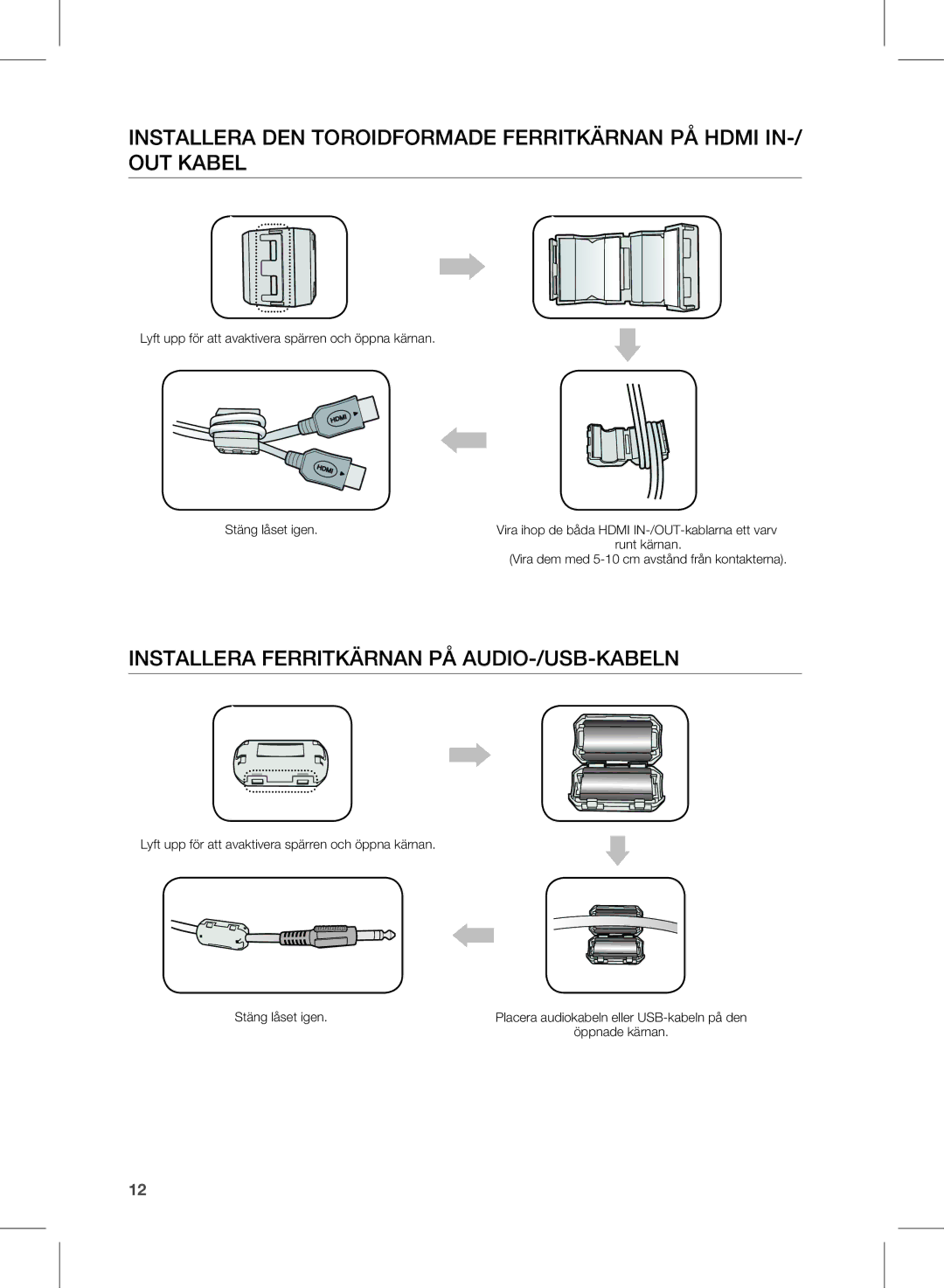 Samsung HW-E450/XE manual InsTallera FerriTKärnan PÅ aUDiO-/Usb-Kabeln 