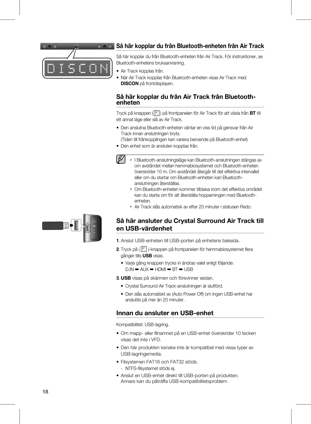 Samsung HW-E450/XE manual Så här kopplar du från Bluetooth-enheten från Air Track, Innan du ansluter en USB-enhet 