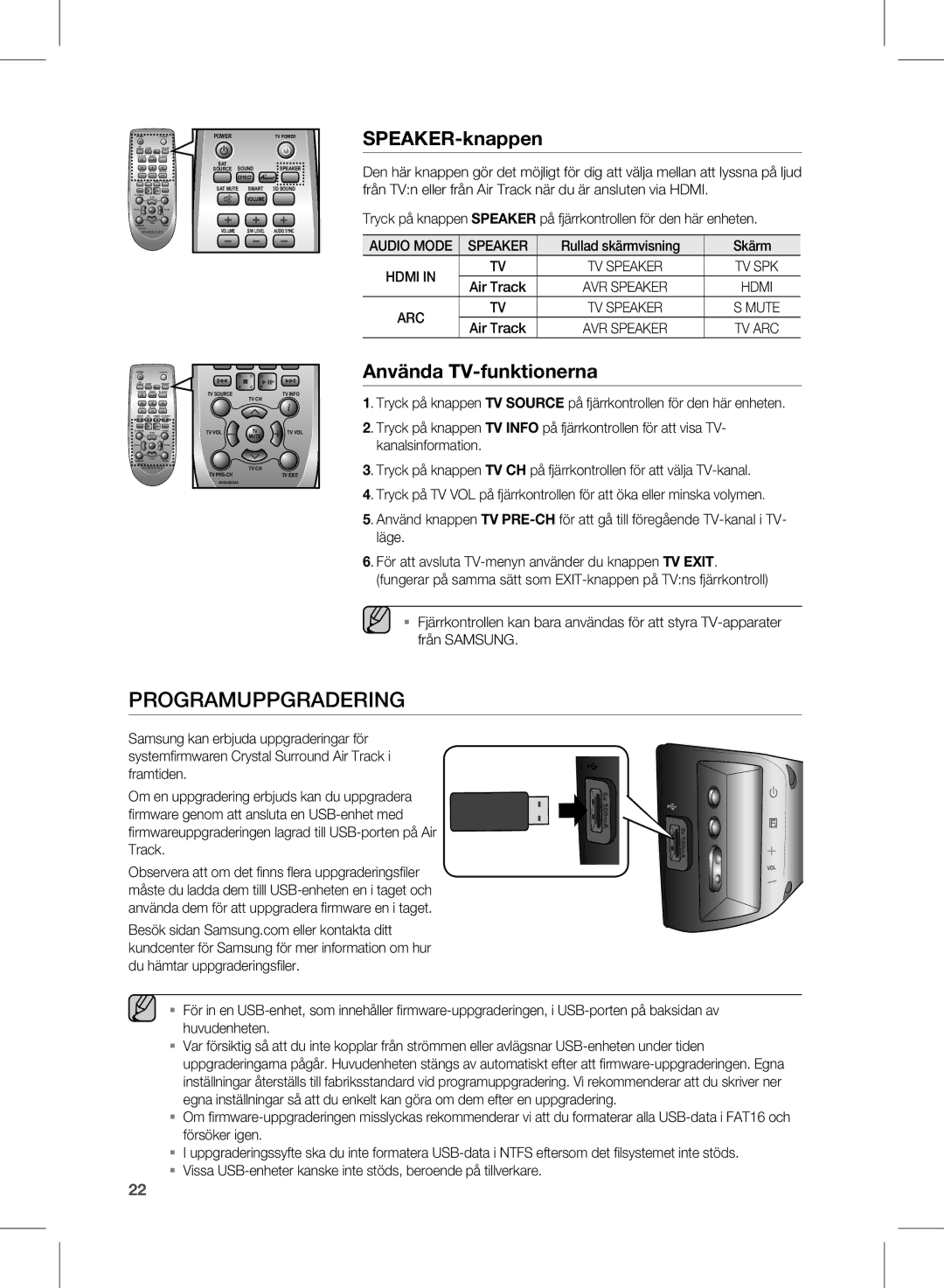 Samsung HW-E450/XE Programuppgradering, SPEAKER-knappen, Använda TV-funktionerna, Rullad skärmvisning Skärm, Air Track 