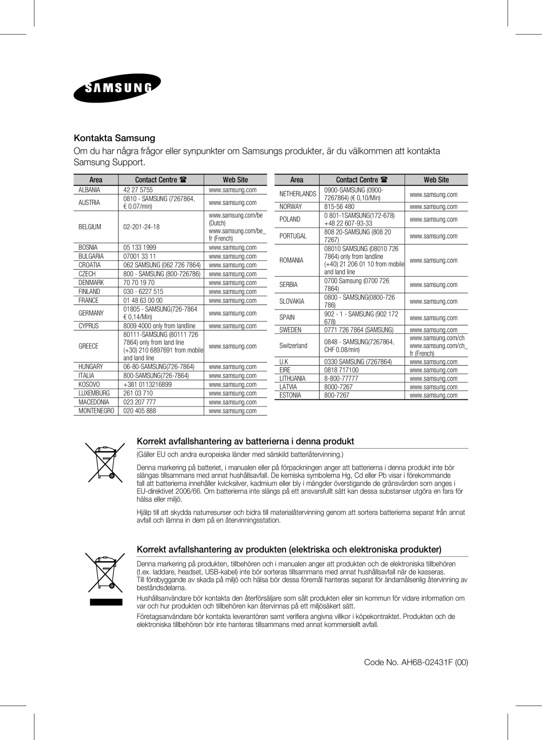 Samsung HW-E450/XE manual Code No. AH68-02431F, Area Contact Centre  Web Site 