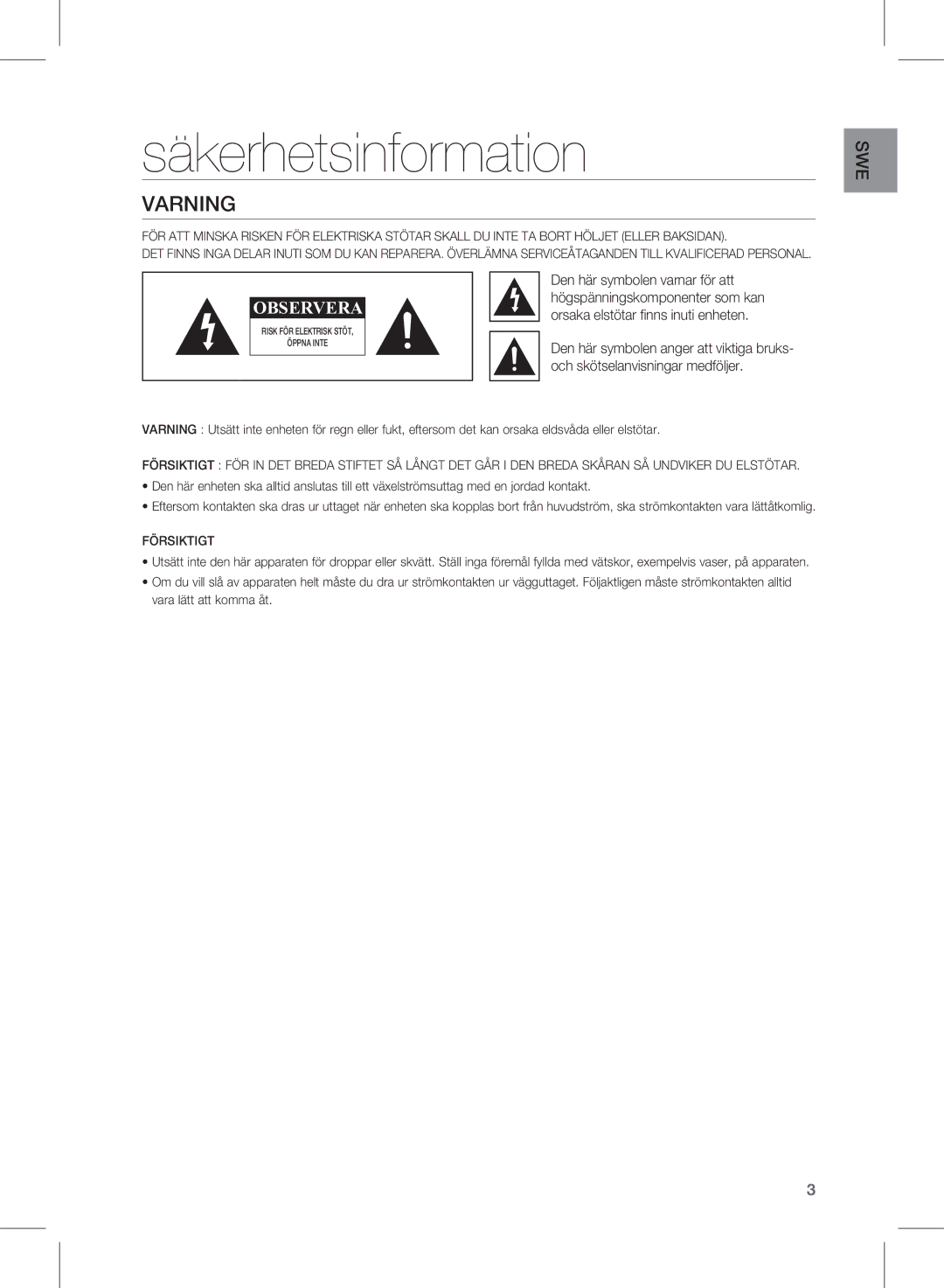 Samsung HW-E450/XE manual Säkerhetsinformation, Varning, Och skötselanvisningar medföljer 