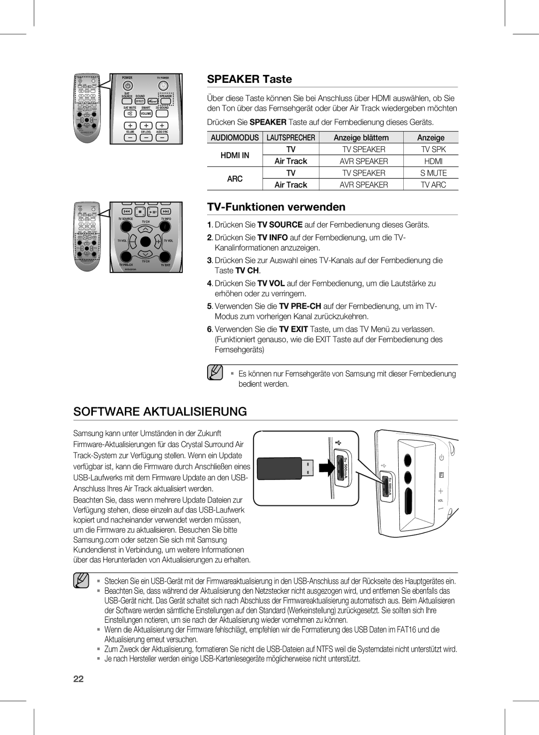 Samsung HW-E450/EN, HW-E450/XN, HW-E450/ZF manual Software Aktualisierung, Speaker Taste, TV-Funktionen verwenden 