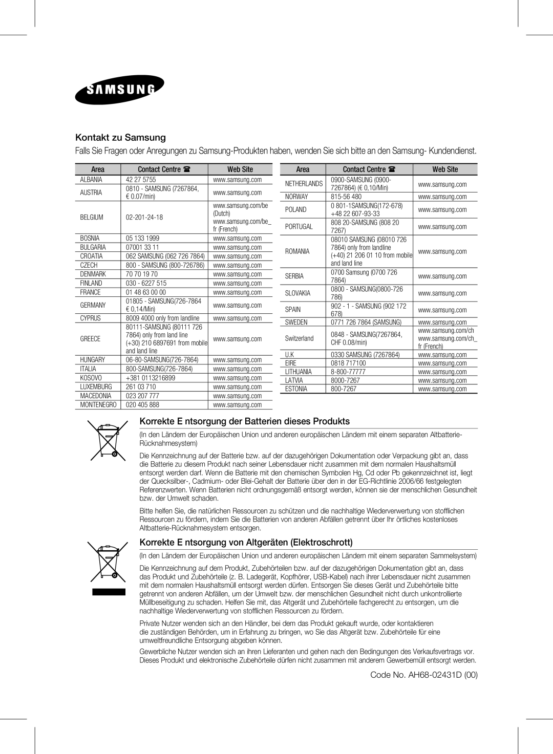 Samsung HW-E450/EN, HW-E450/XN, HW-E450/ZF manual Kontakt zu Samsung 