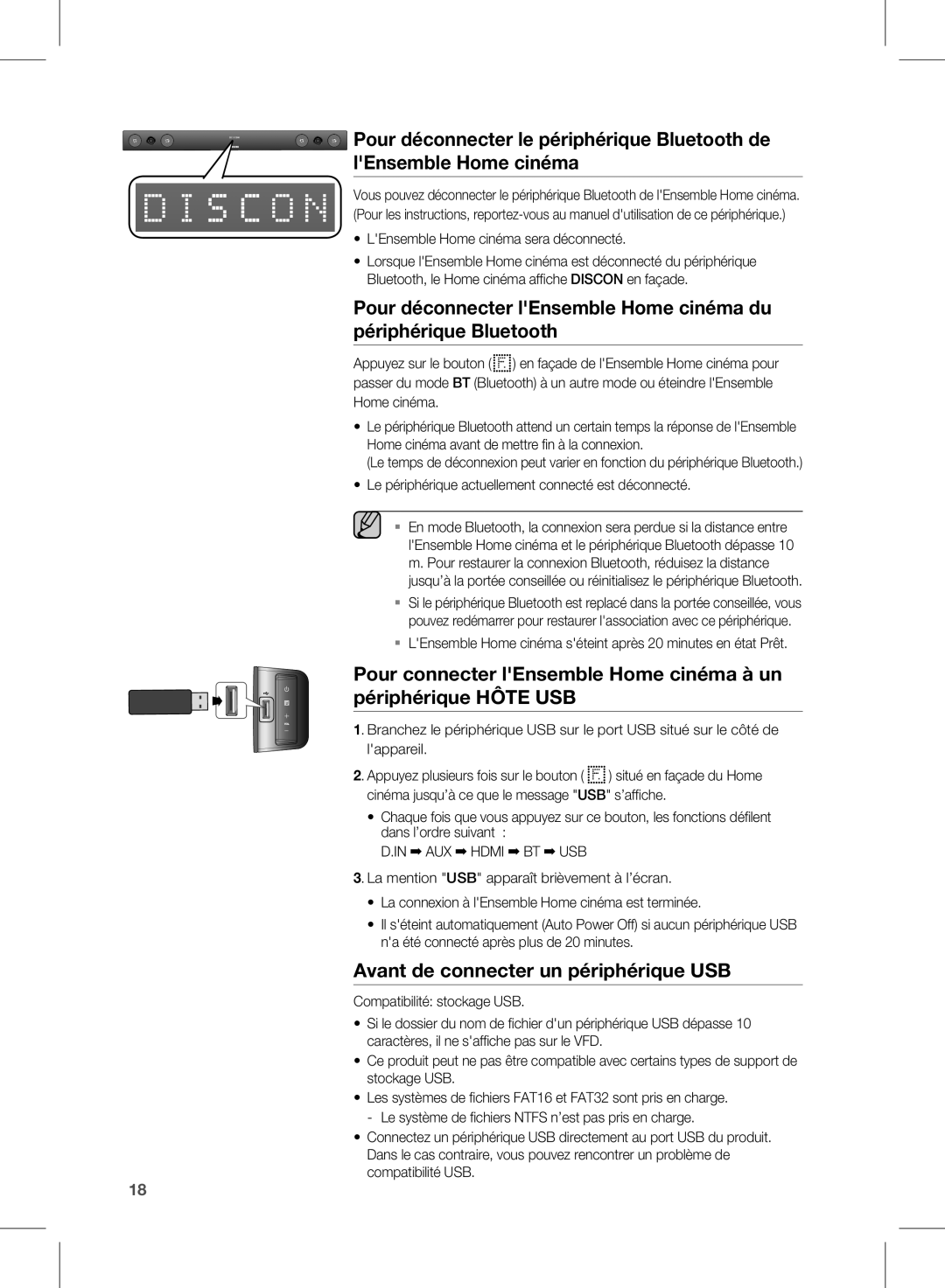 Samsung HW-E450/ZF manual Avant de connecter un périphérique USB, LEnsemble Home cinéma sera déconnecté 