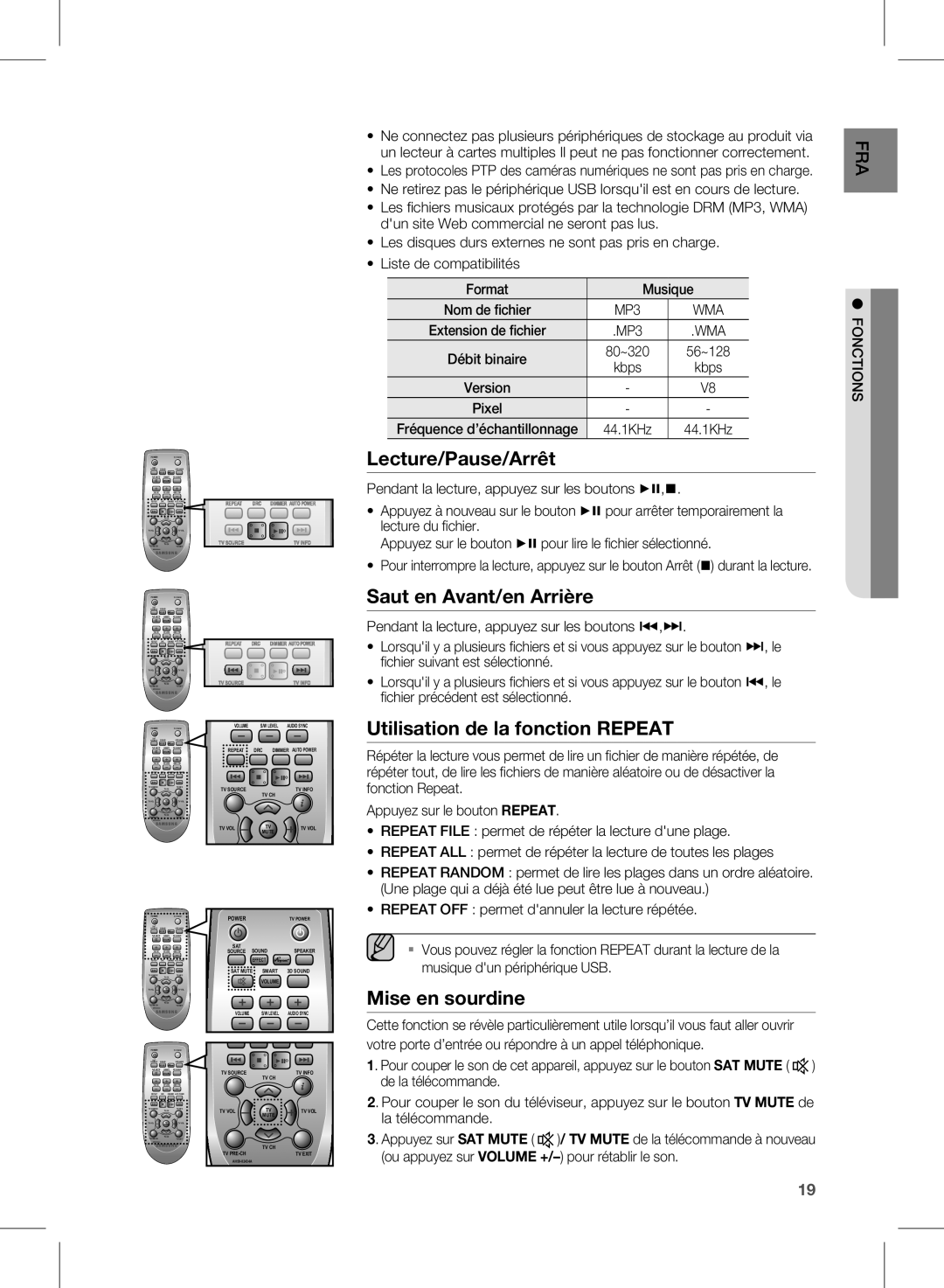 Samsung HW-E450/ZF Lecture/Pause/Arrêt, Saut en Avant/en Arrière, Utilisation de la fonction Repeat, Mise en sourdine 