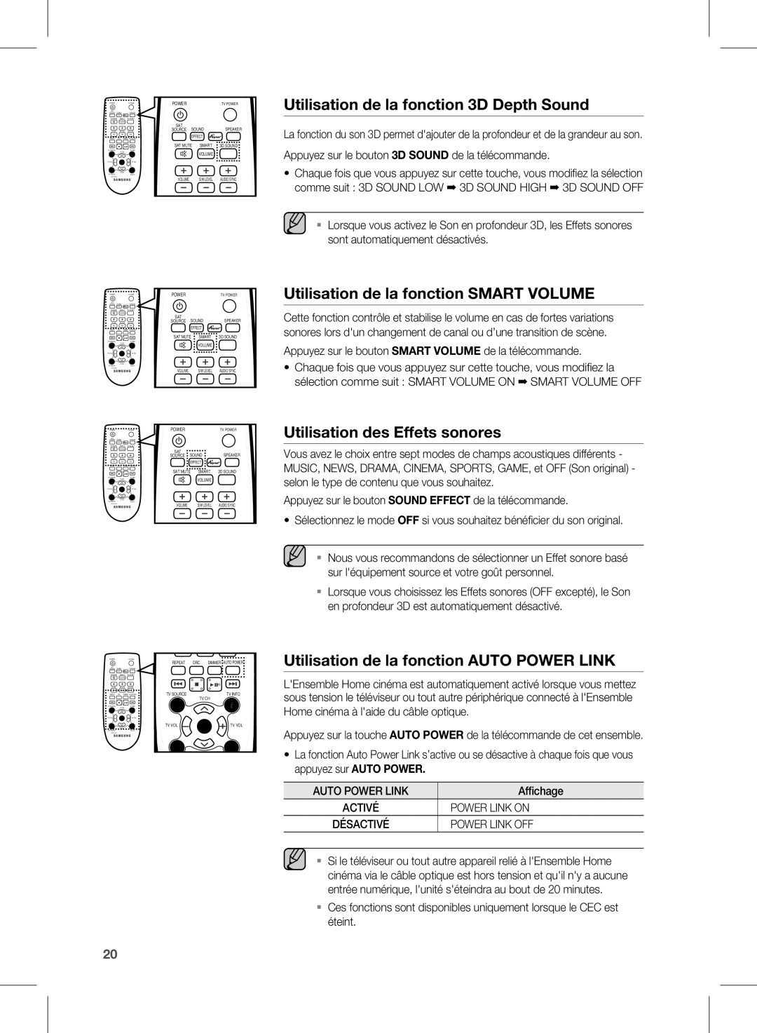 Samsung HW-E450/ZF manual Utilisation de la fonction 3D Depth Sound, Utilisation de la fonction Smart Volume 