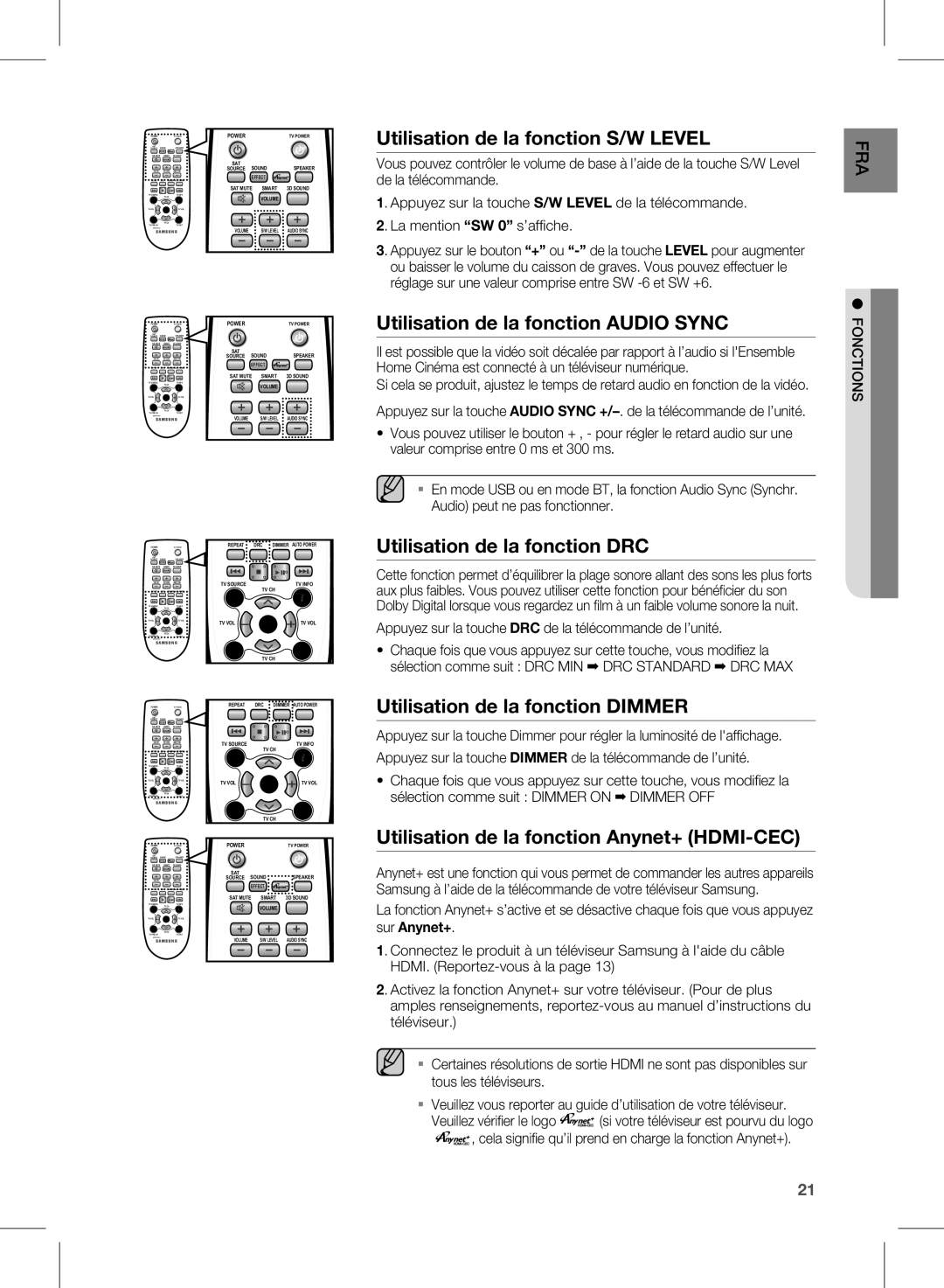 Samsung HW-E450/ZF manual Utilisation de la fonction S/W Level, Utilisation de la fonction Audio Sync 