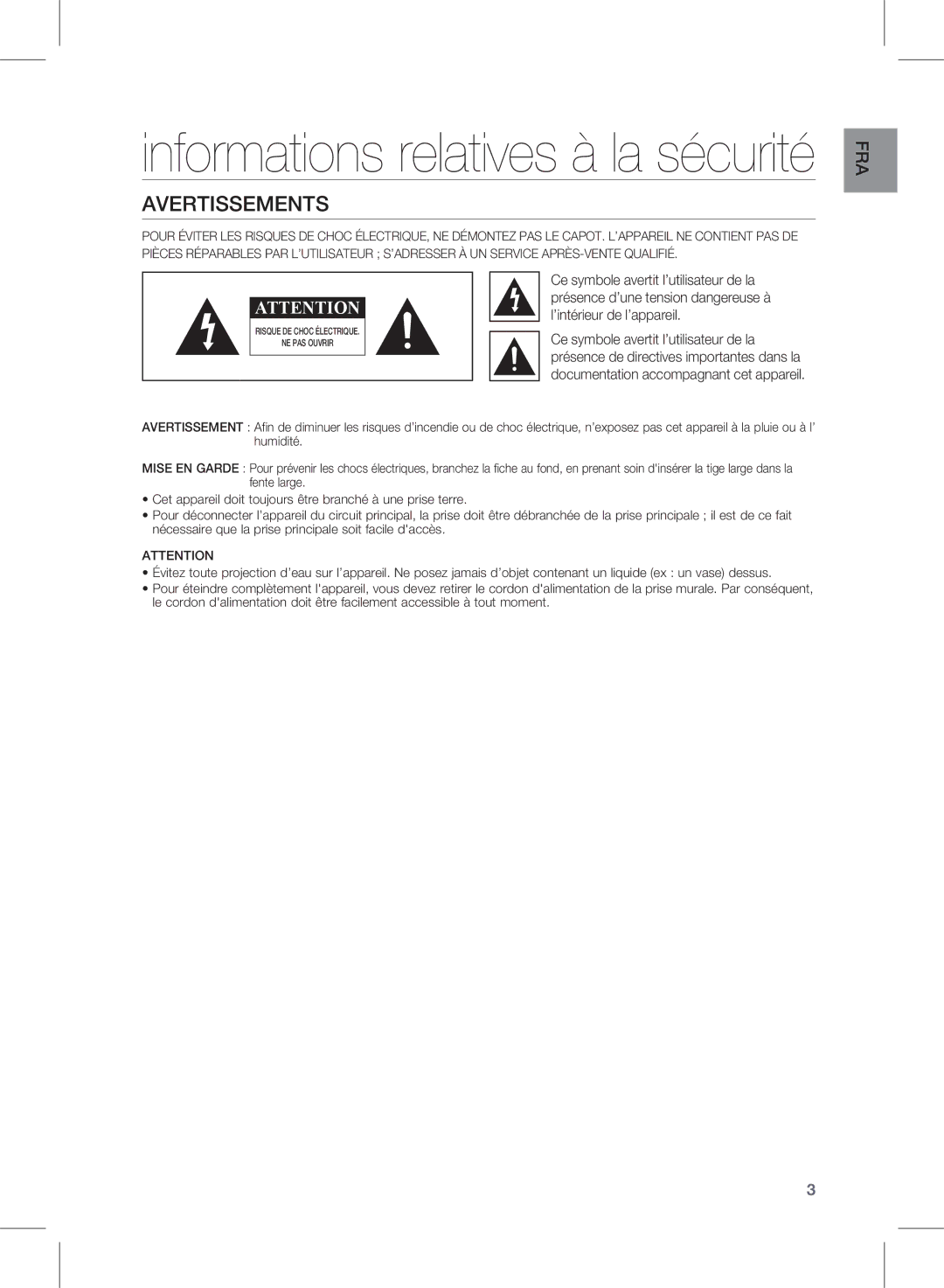 Samsung HW-E450/ZF manual Informations relatives à la sécurité, Avertissements 