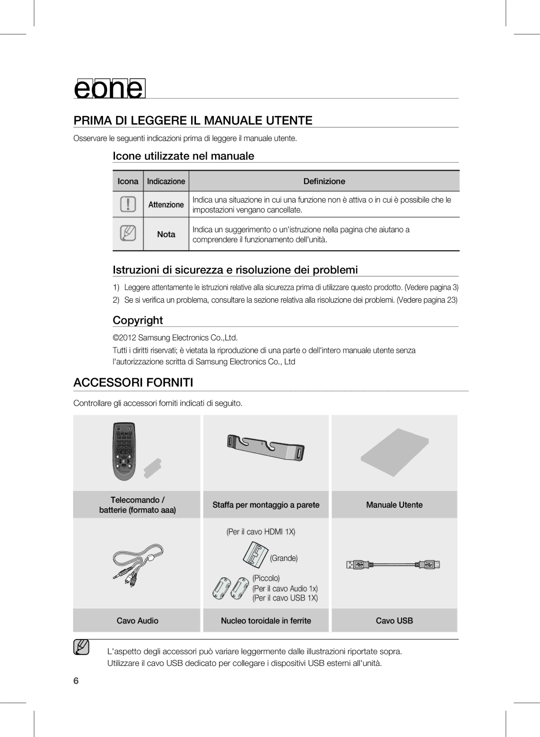 Samsung HW-E450/ZF Per cominciare, Prima Di leGGere il manuale uTenTe, Accessori ForniTi 